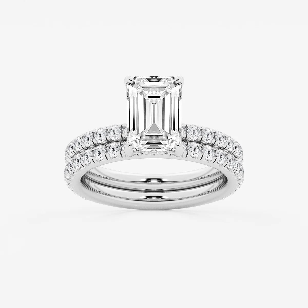 Emerald Cut Lab-Grown Diamond Engagement Ring Set with Pavé Diamond Bands