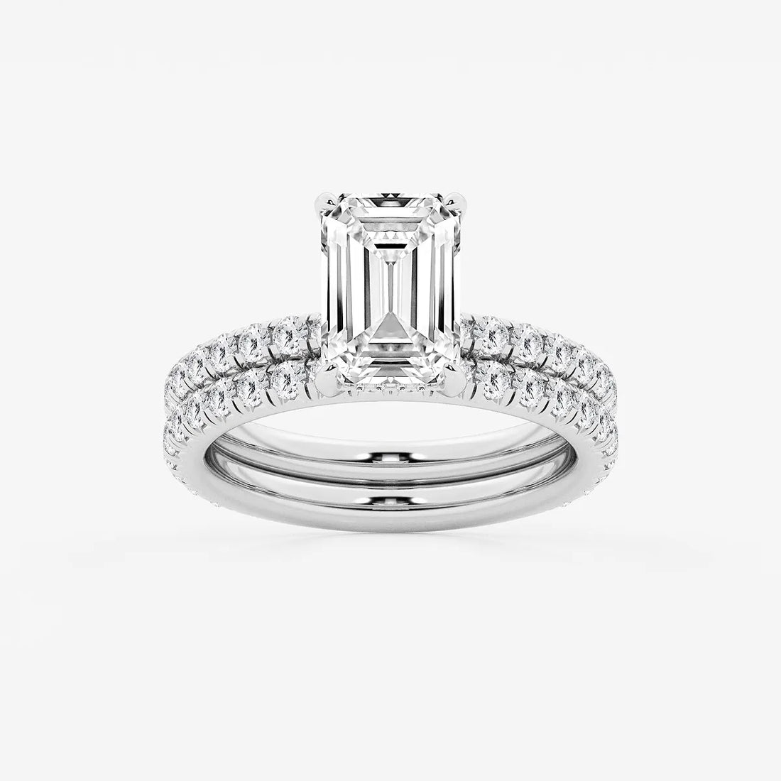 Emerald Cut Lab-Grown Diamond Engagement Ring Set with Pavé Diamond Bands