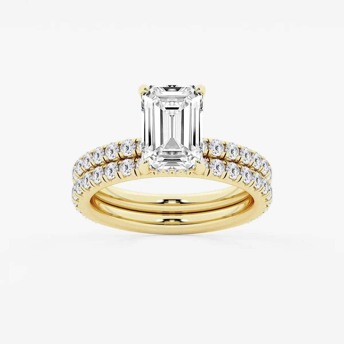 Emerald Cut Lab-Grown Diamond Engagement Ring Set with Pavé Diamond Bands