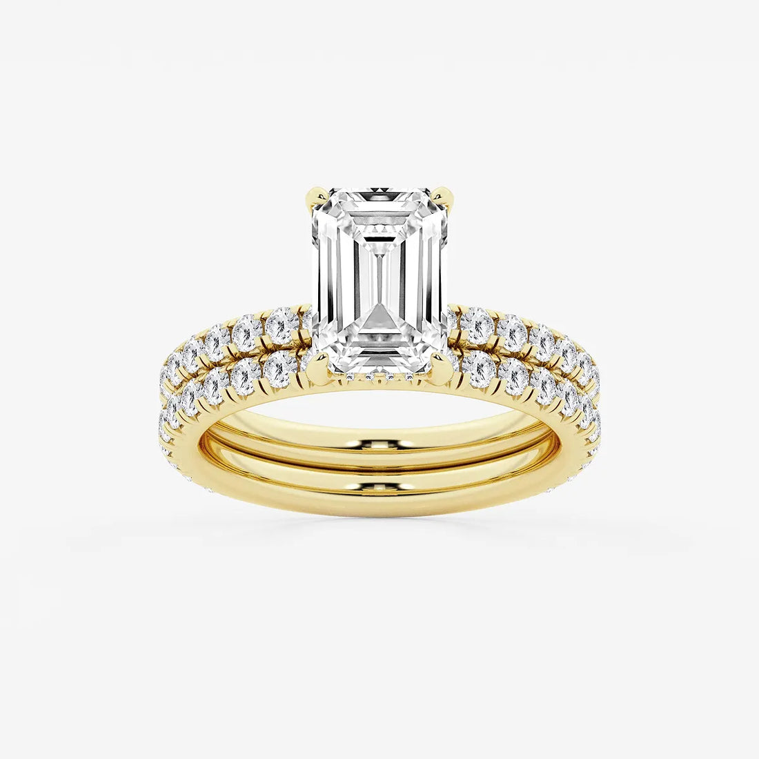 Emerald Cut Lab-Grown Diamond Engagement Ring Set with Pavé Diamond Bands