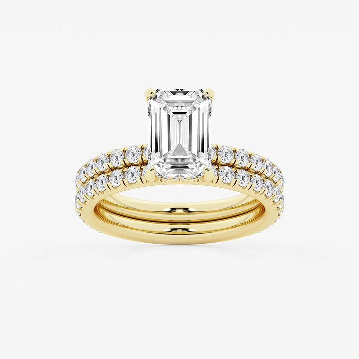 Emerald Cut Lab-Grown Diamond Engagement Ring Set with Pavé Diamond Bands