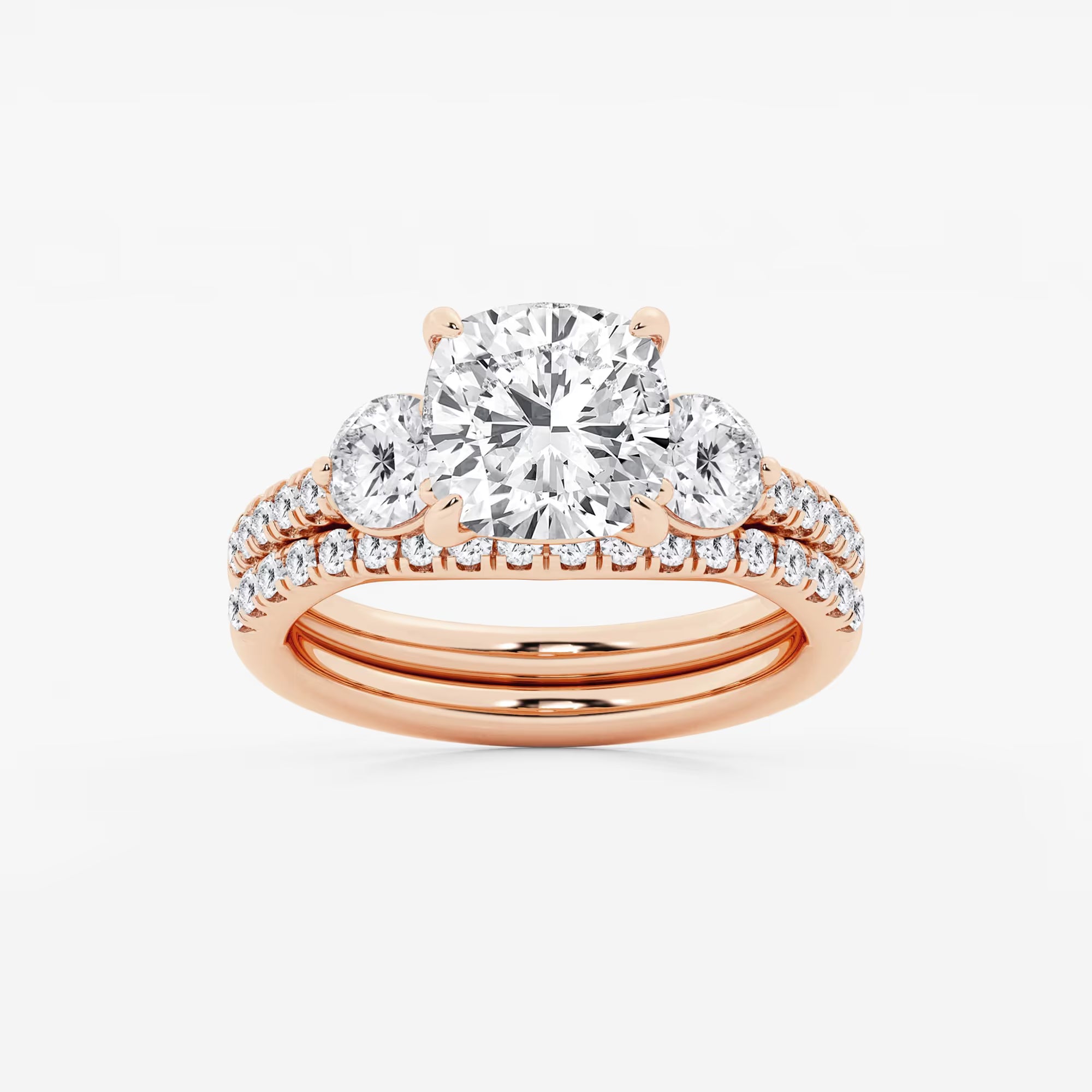 Cushion Lab Grown Diamond Three-Stone Bridal Set with Round Accents