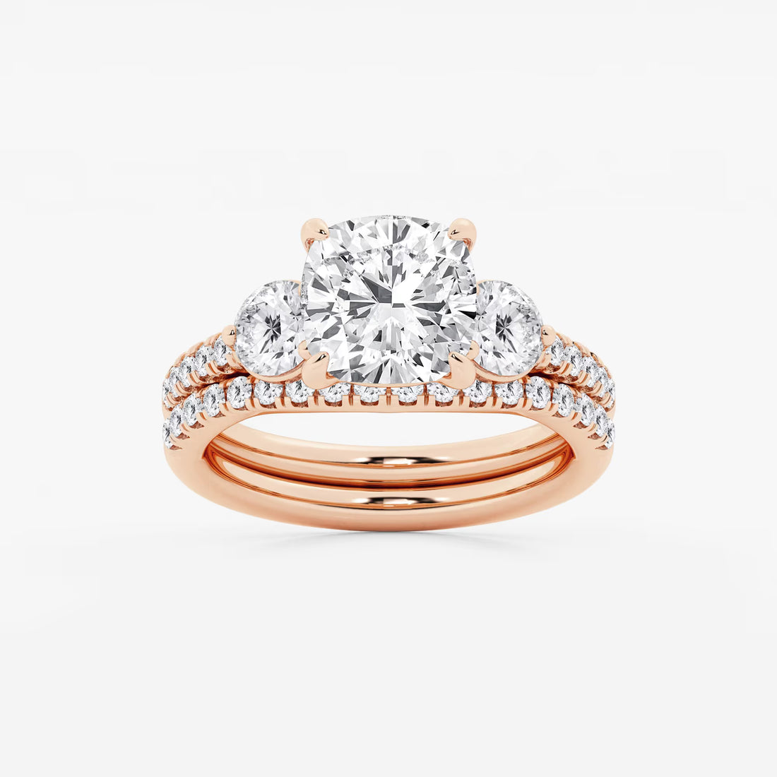 Cushion Lab Grown Diamond Three-Stone Bridal Set with Round Accents