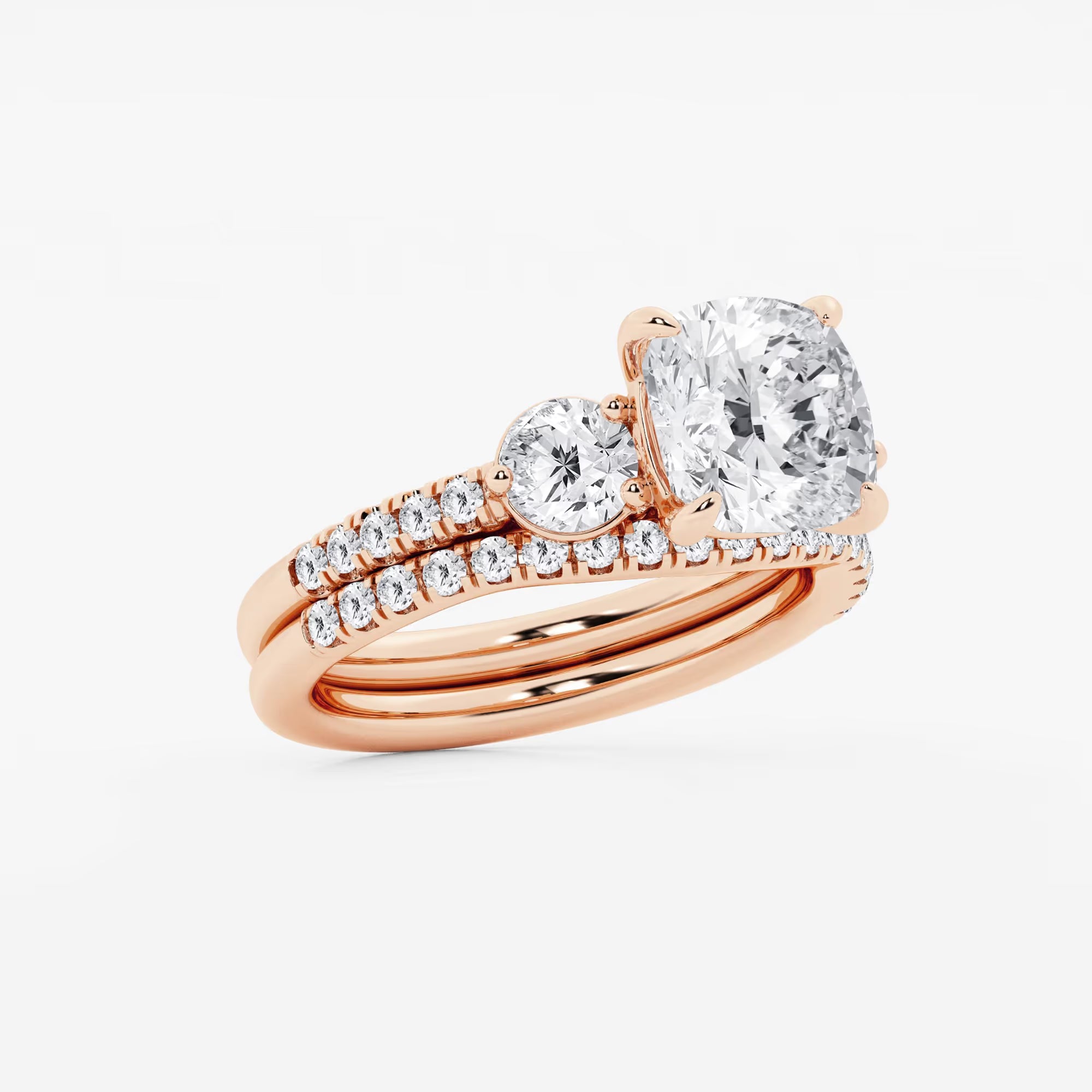 Cushion Lab Grown Diamond Three-Stone Bridal Set with Round Accents