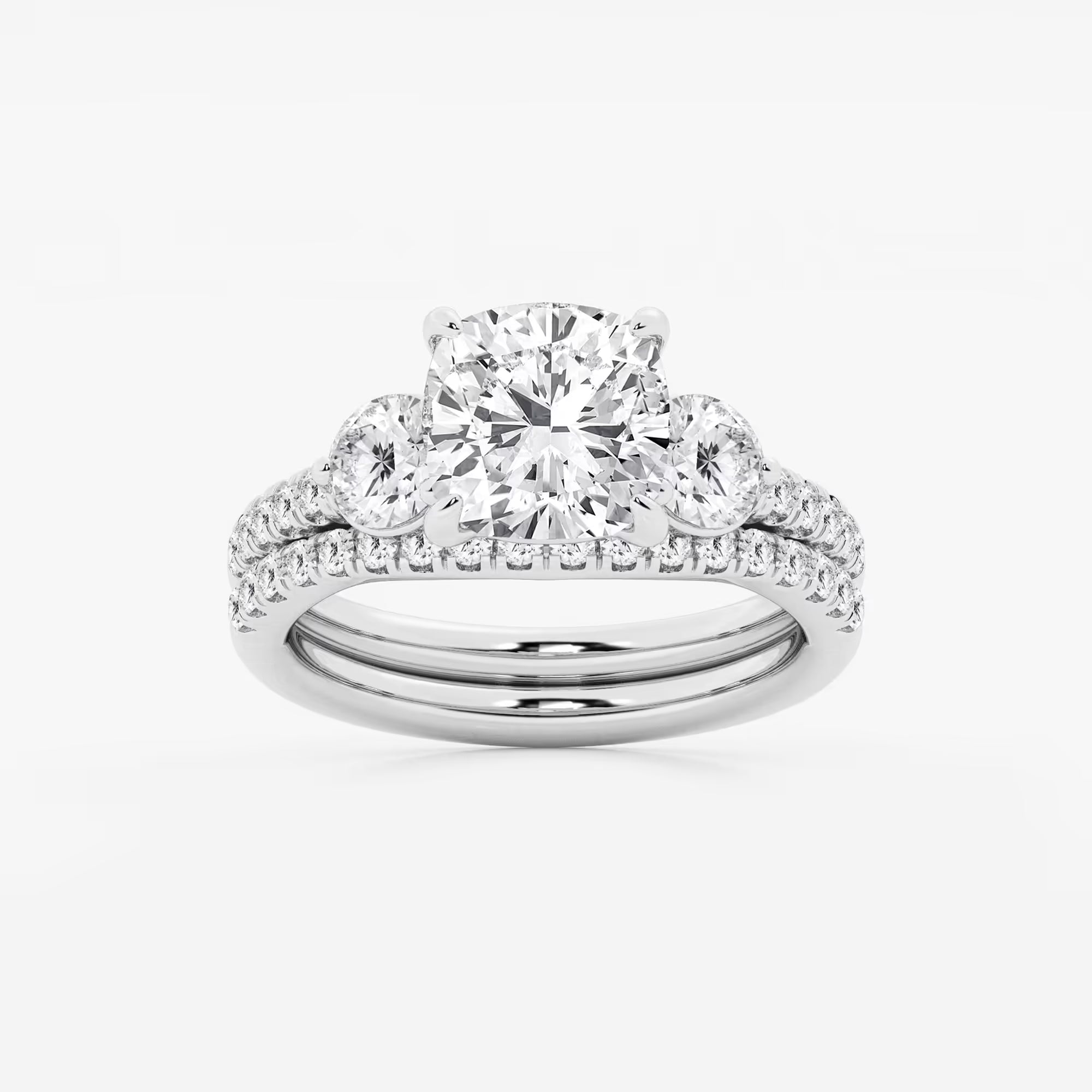 Cushion Lab Grown Diamond Three-Stone Bridal Set with Round Accents