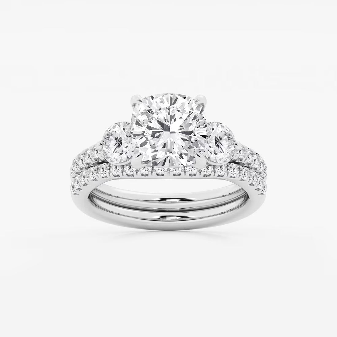 Cushion Lab Grown Diamond Three-Stone Bridal Set with Round Accents