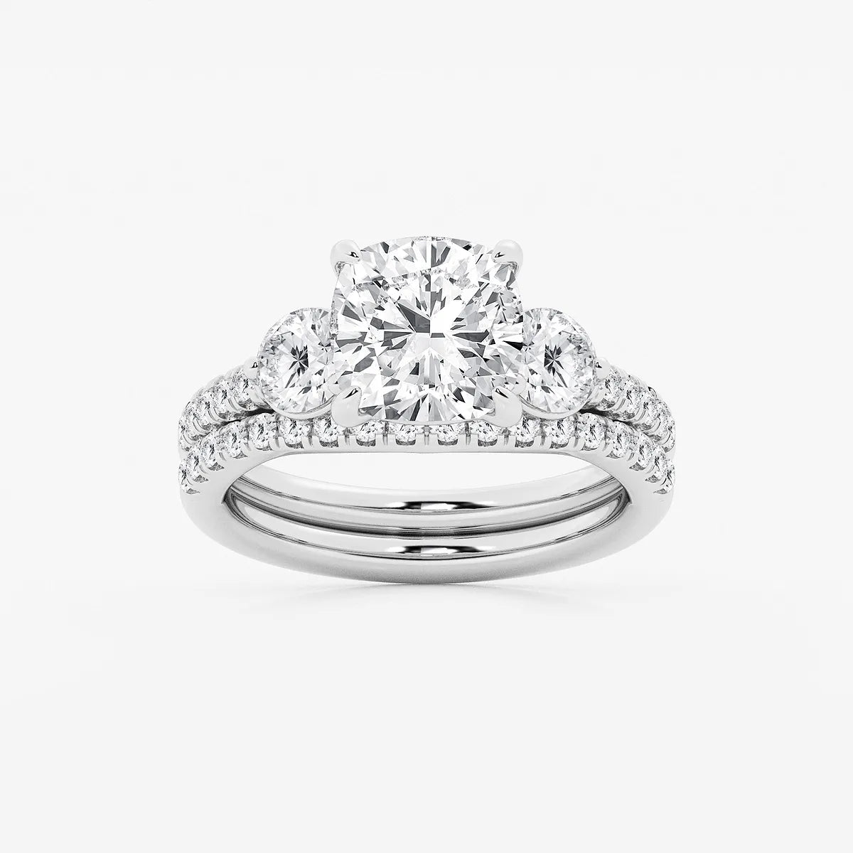 Cushion Lab Grown Diamond Three-Stone Bridal Set with Round Accents