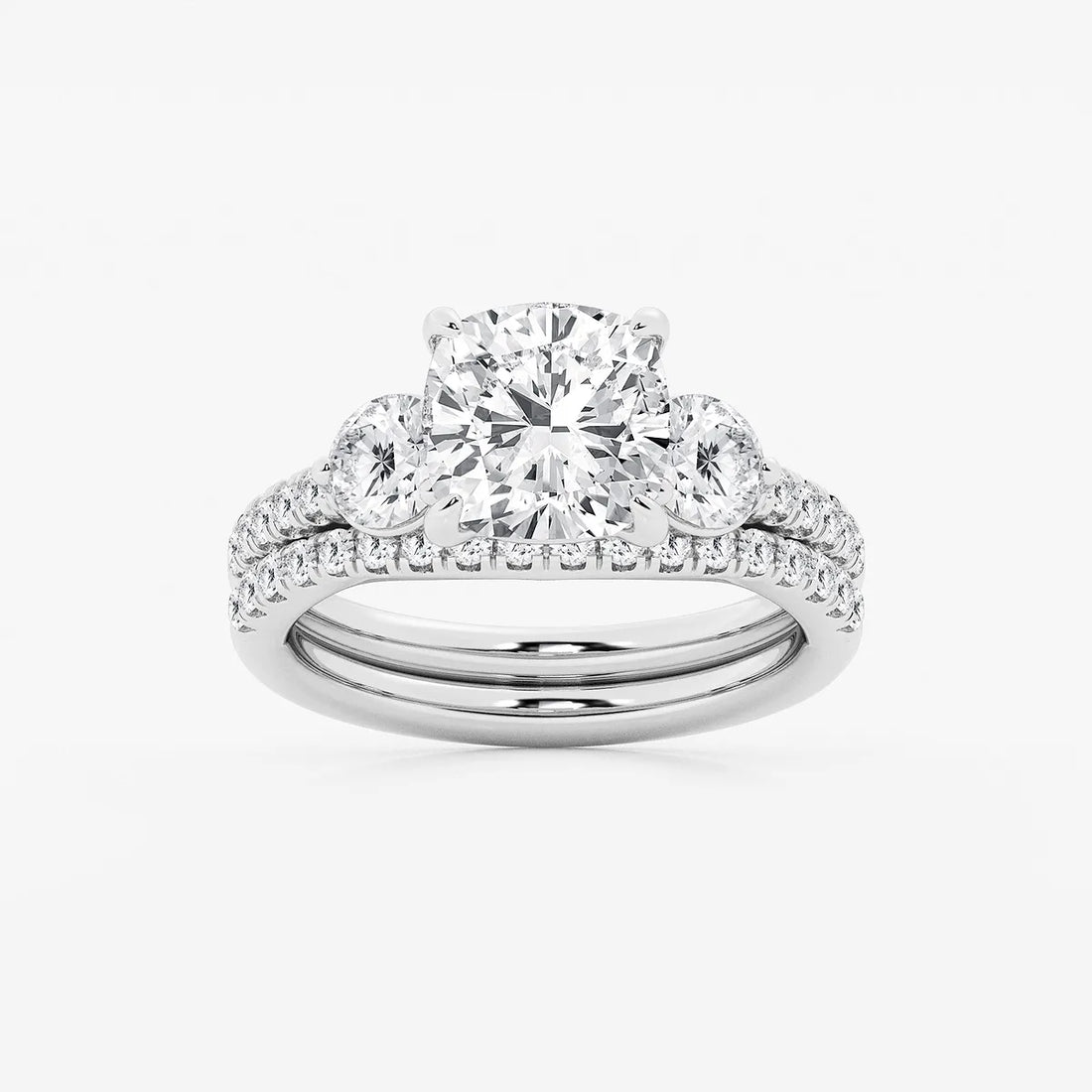 Cushion Lab Grown Diamond Three-Stone Bridal Set with Round Accents
