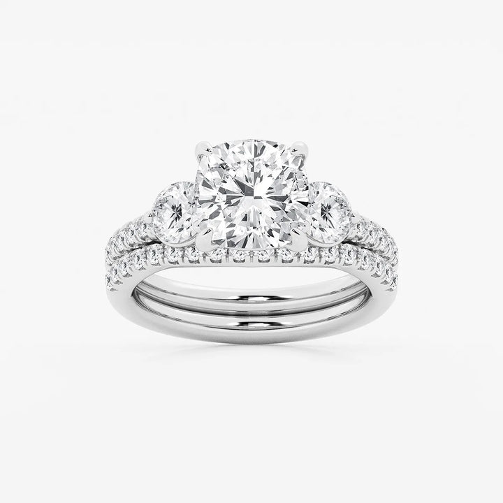 Cushion Lab Grown Diamond Three-Stone Bridal Set with Round Accents