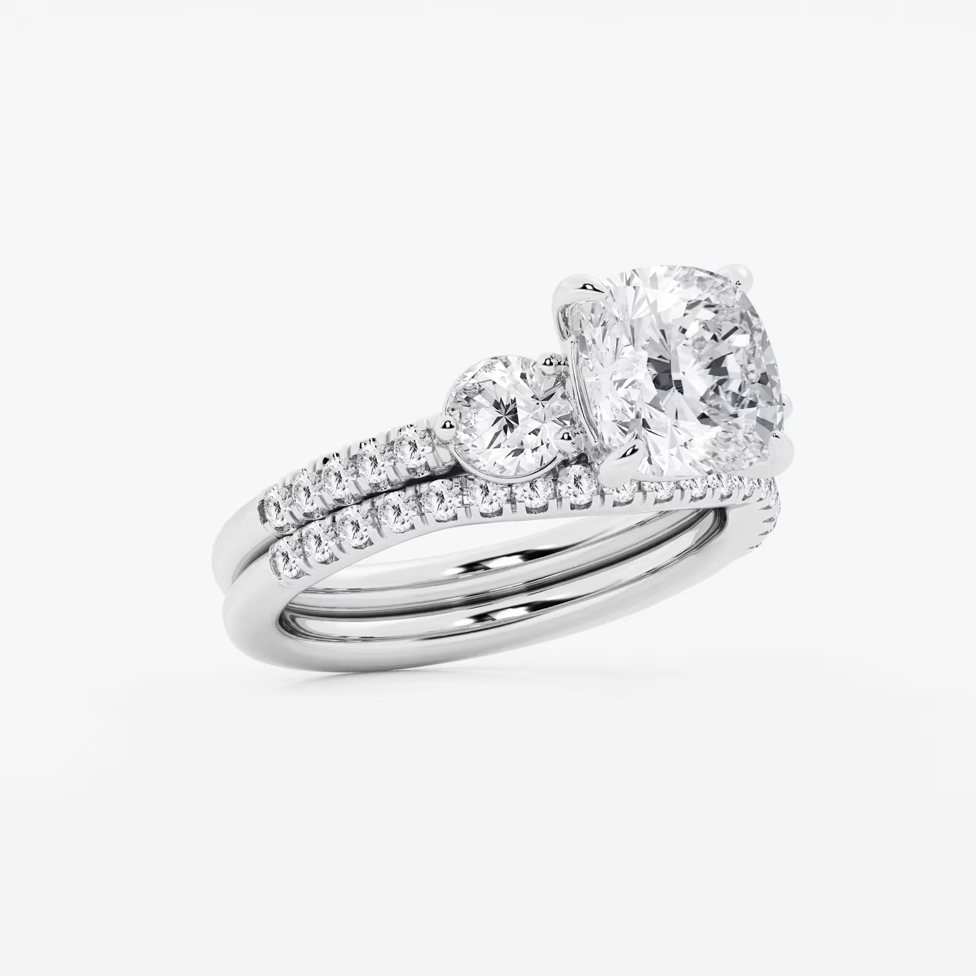 Cushion Lab Grown Diamond Three-Stone Bridal Set with Round Accents