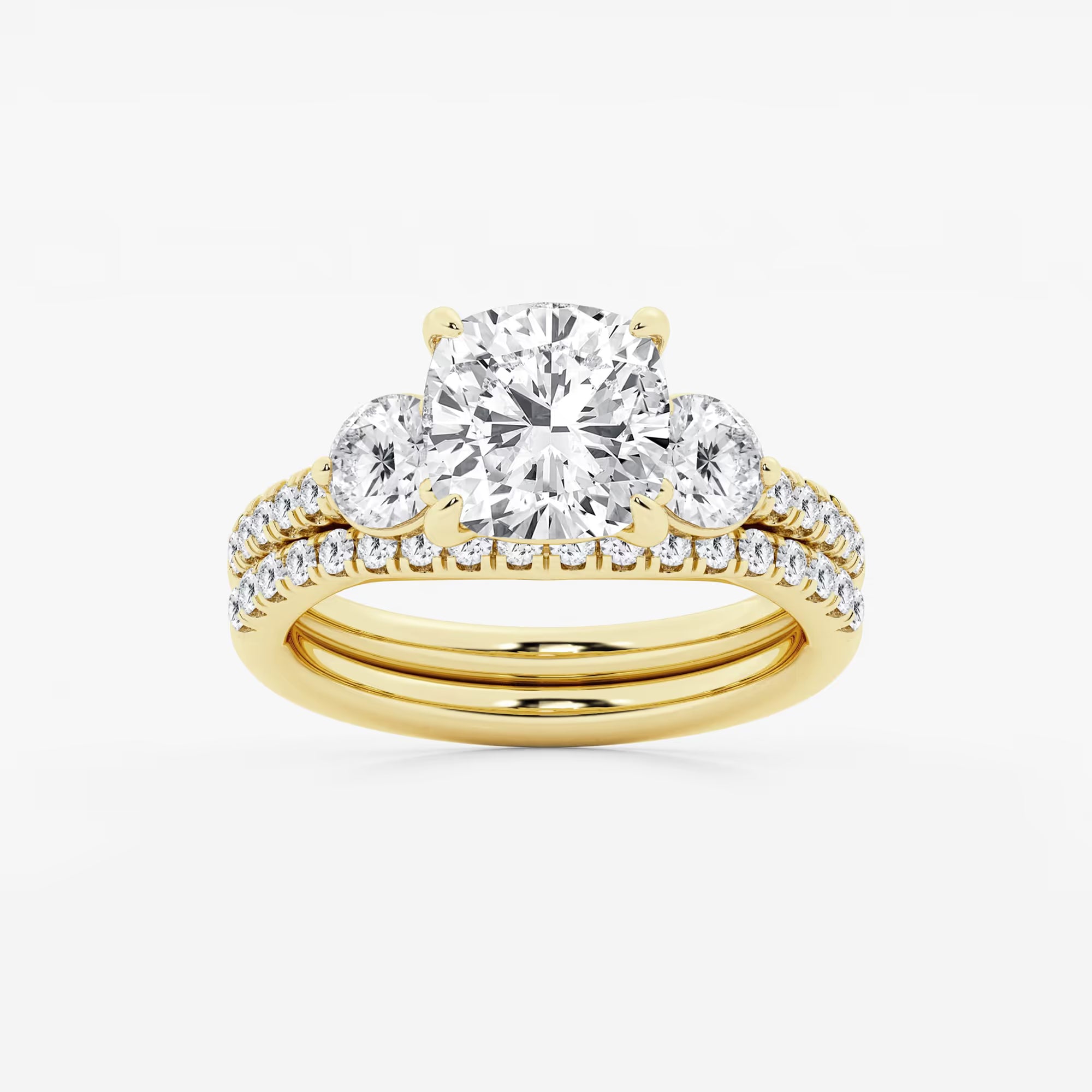 Cushion Lab Grown Diamond Three-Stone Bridal Set with Round Accents