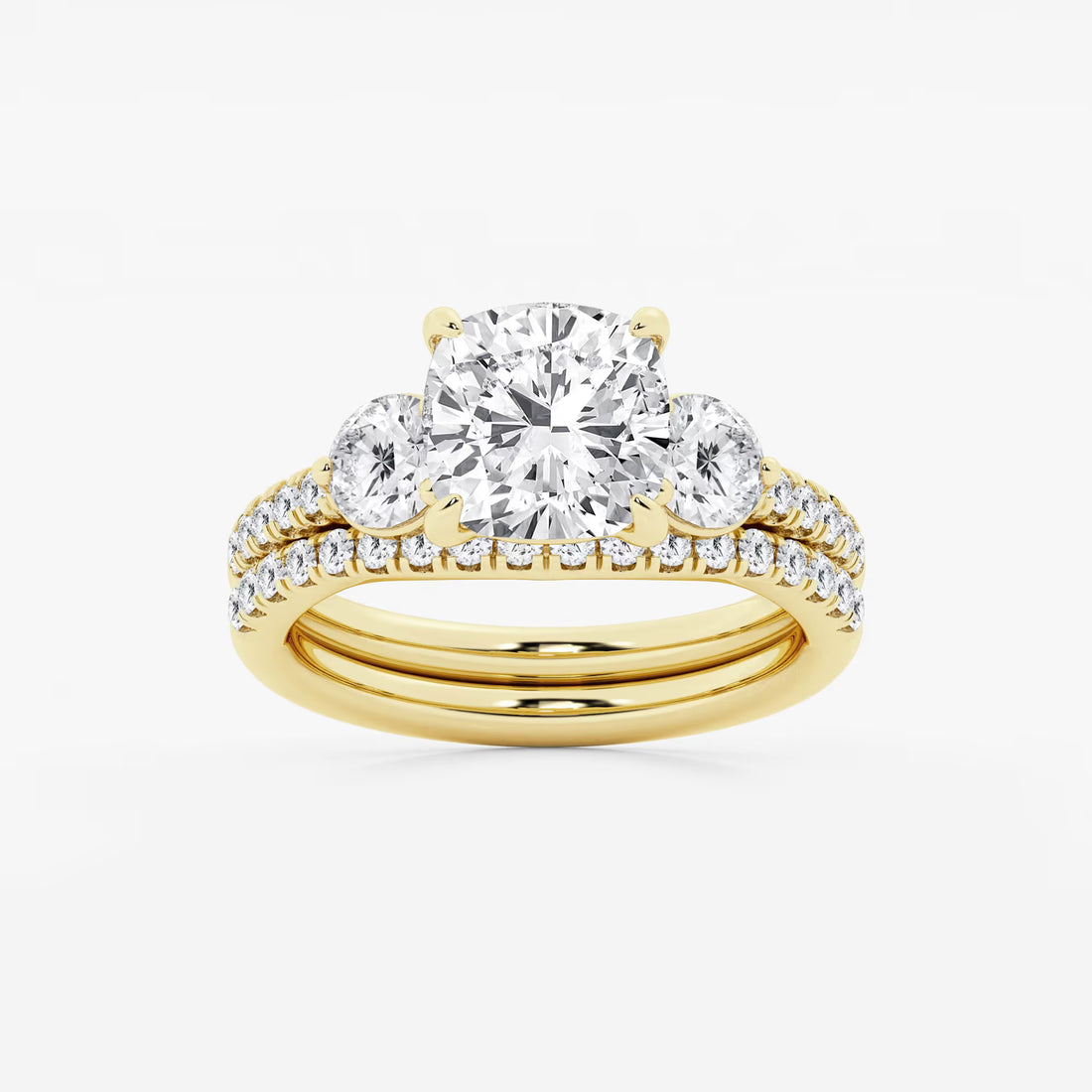 Cushion Lab Grown Diamond Three-Stone Bridal Set with Round Accents