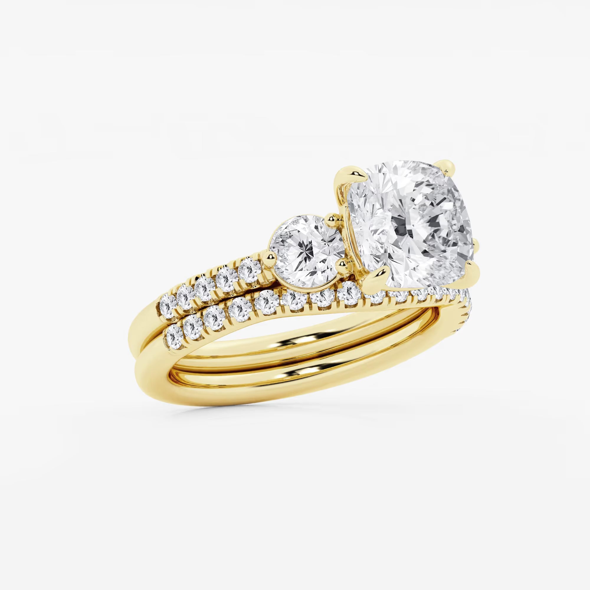 Cushion Lab Grown Diamond Three-Stone Bridal Set with Round Accents