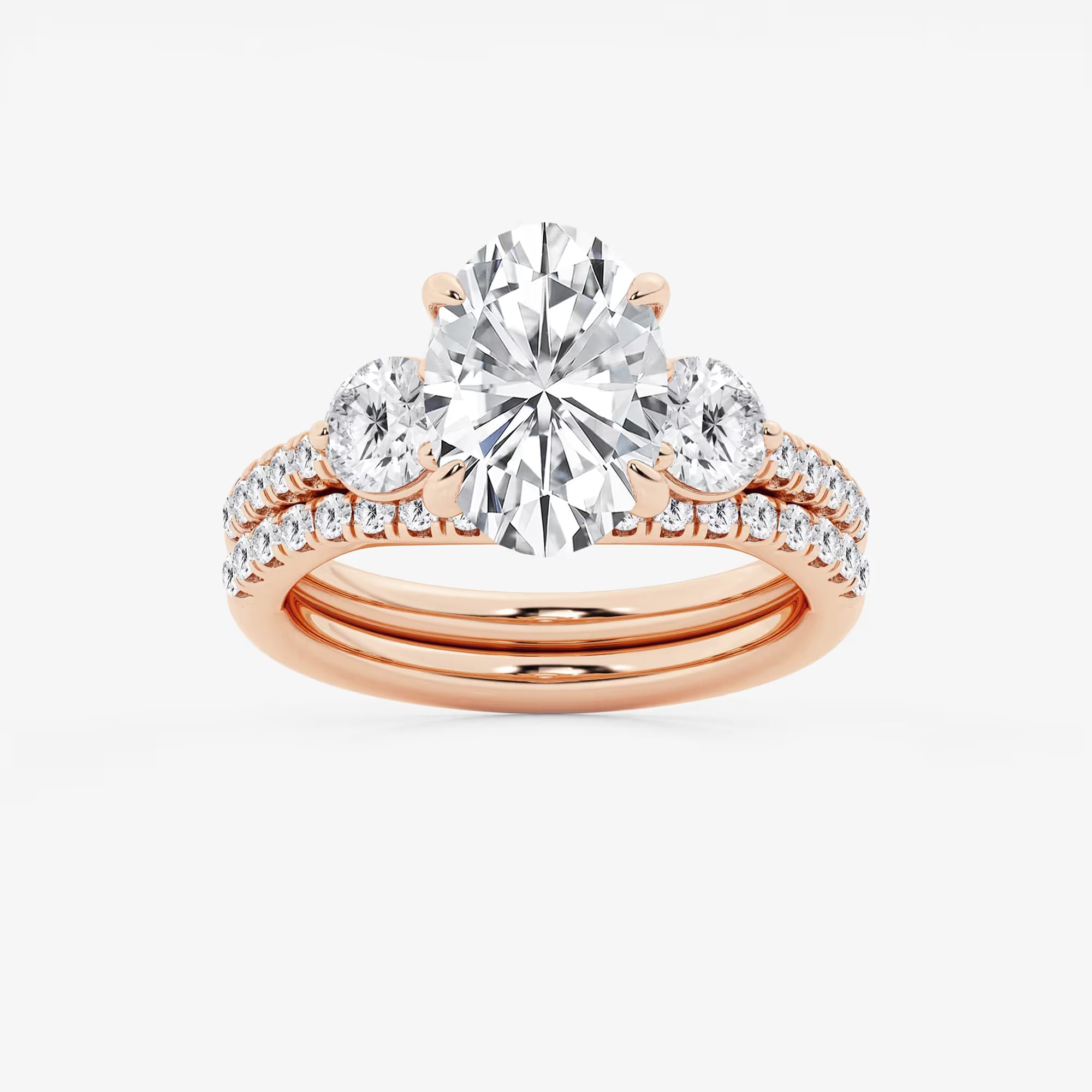 Oval Three Stone Lab-Grown Diamond Bridal Ring Set with Pavé Bands