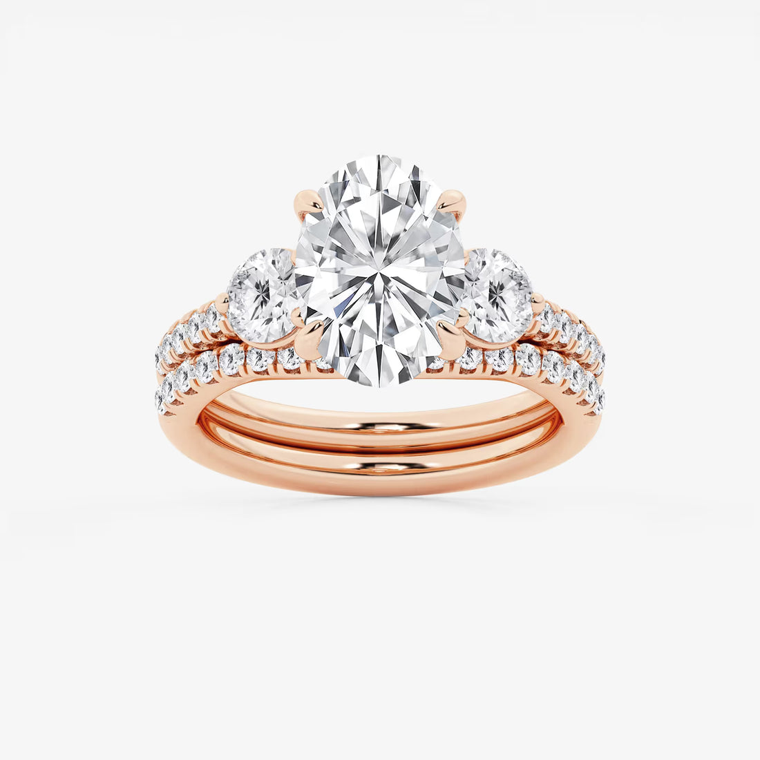 Oval Three Stone Lab-Grown Diamond Bridal Ring Set with Pavé Bands