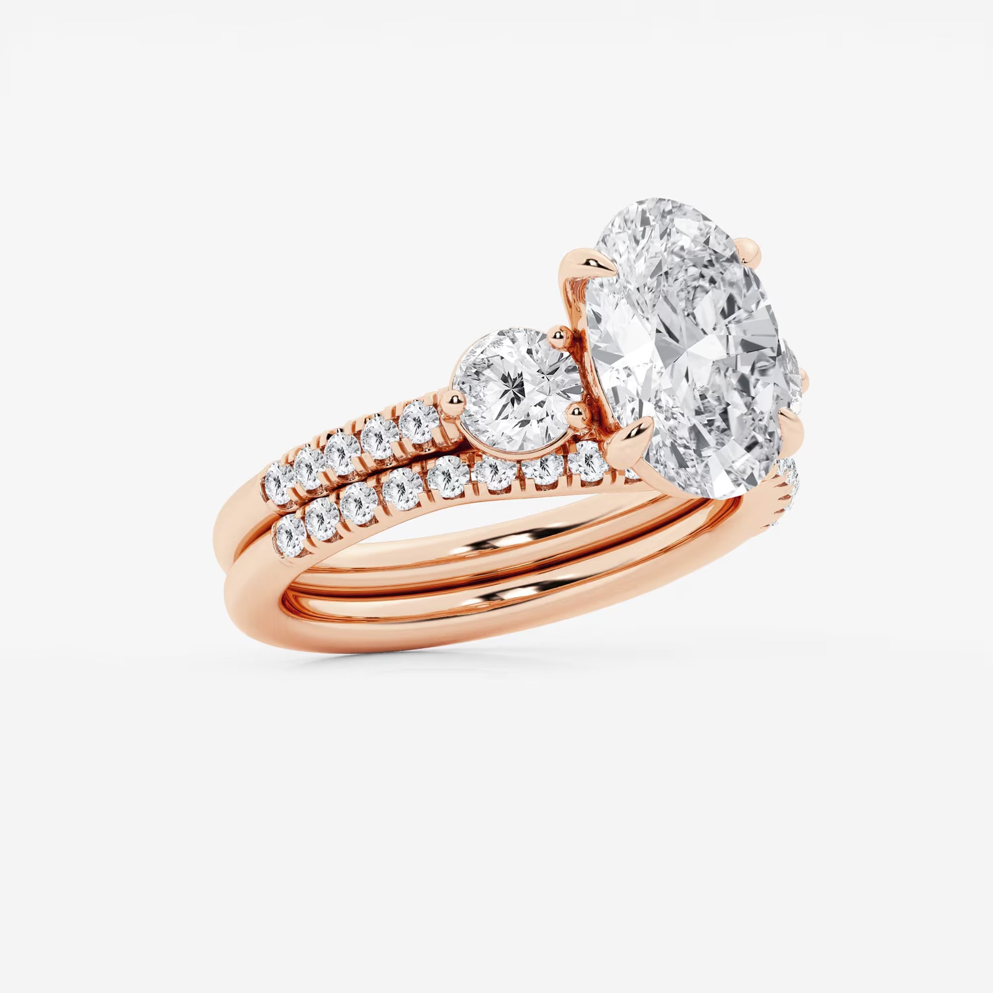 Oval Three Stone Lab-Grown Diamond Bridal Ring Set with Pavé Bands