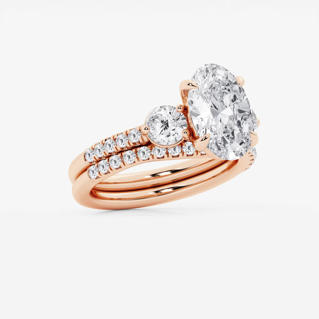 Oval Three Stone Lab-Grown Diamond Bridal Ring Set with Pavé Bands