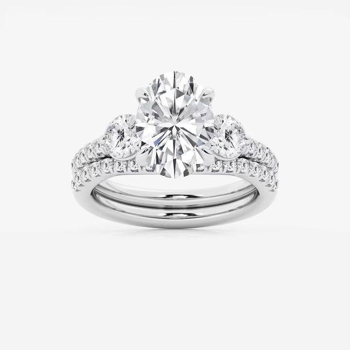 Oval Three Stone Lab-Grown Diamond Bridal Ring Set with Pavé Bands