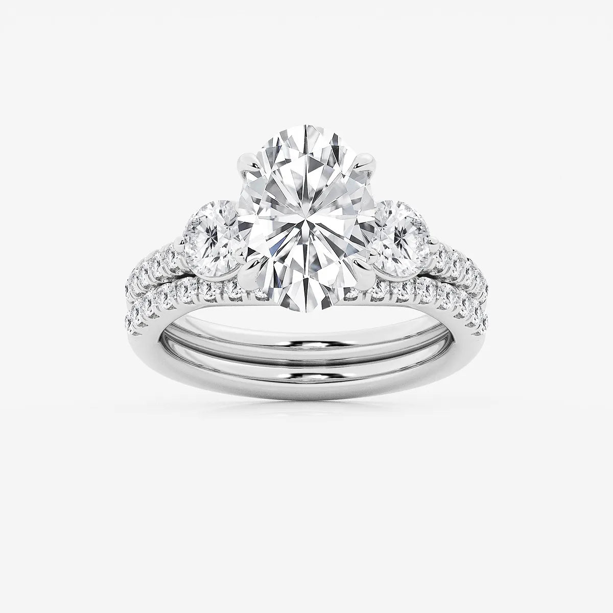 Oval Three Stone Lab-Grown Diamond Bridal Ring Set with Pavé Bands