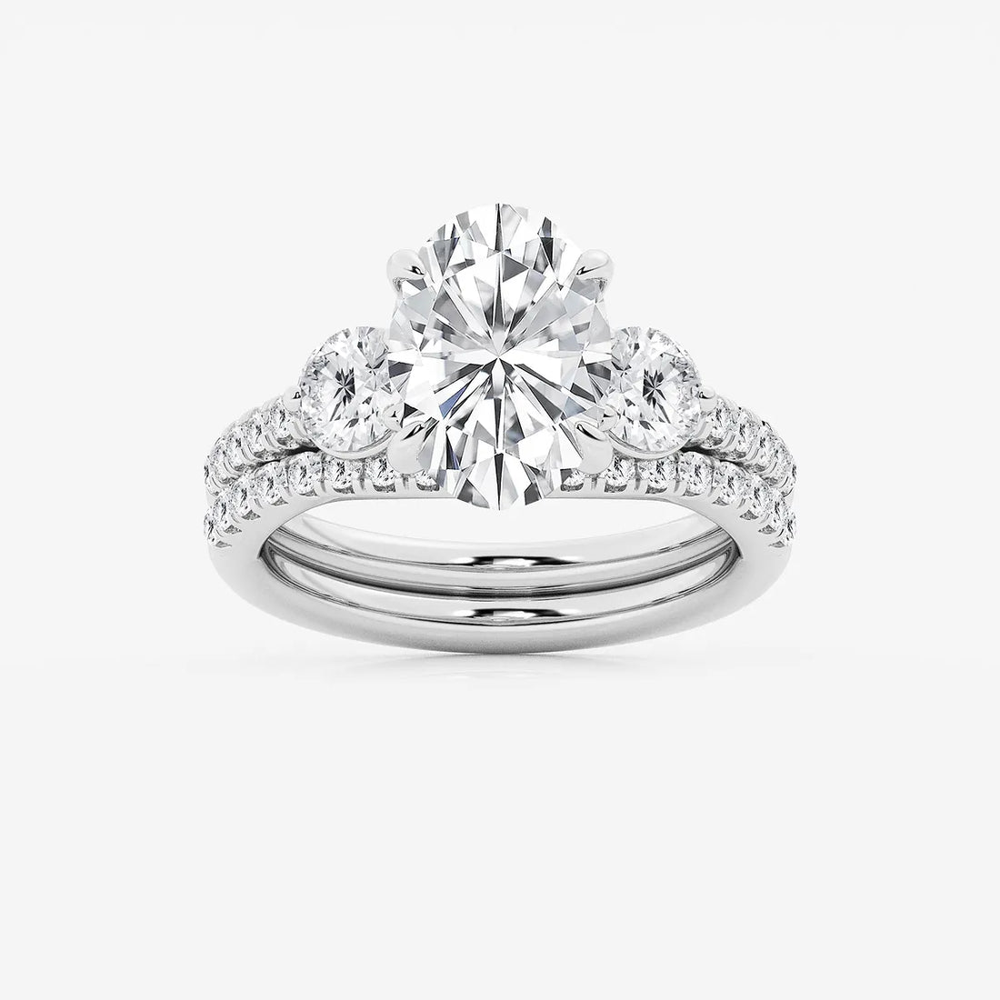 Oval Three Stone Lab-Grown Diamond Bridal Ring Set with Pavé Bands