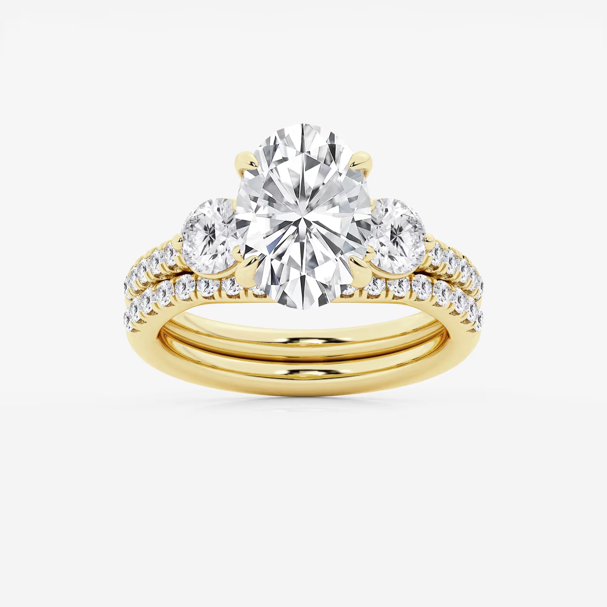 Oval Three Stone Lab-Grown Diamond Bridal Ring Set with Pavé Bands