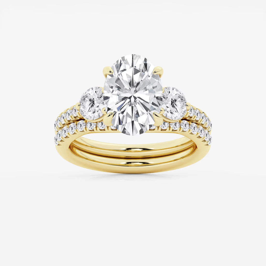 Oval Three Stone Lab-Grown Diamond Bridal Ring Set with Pavé Bands