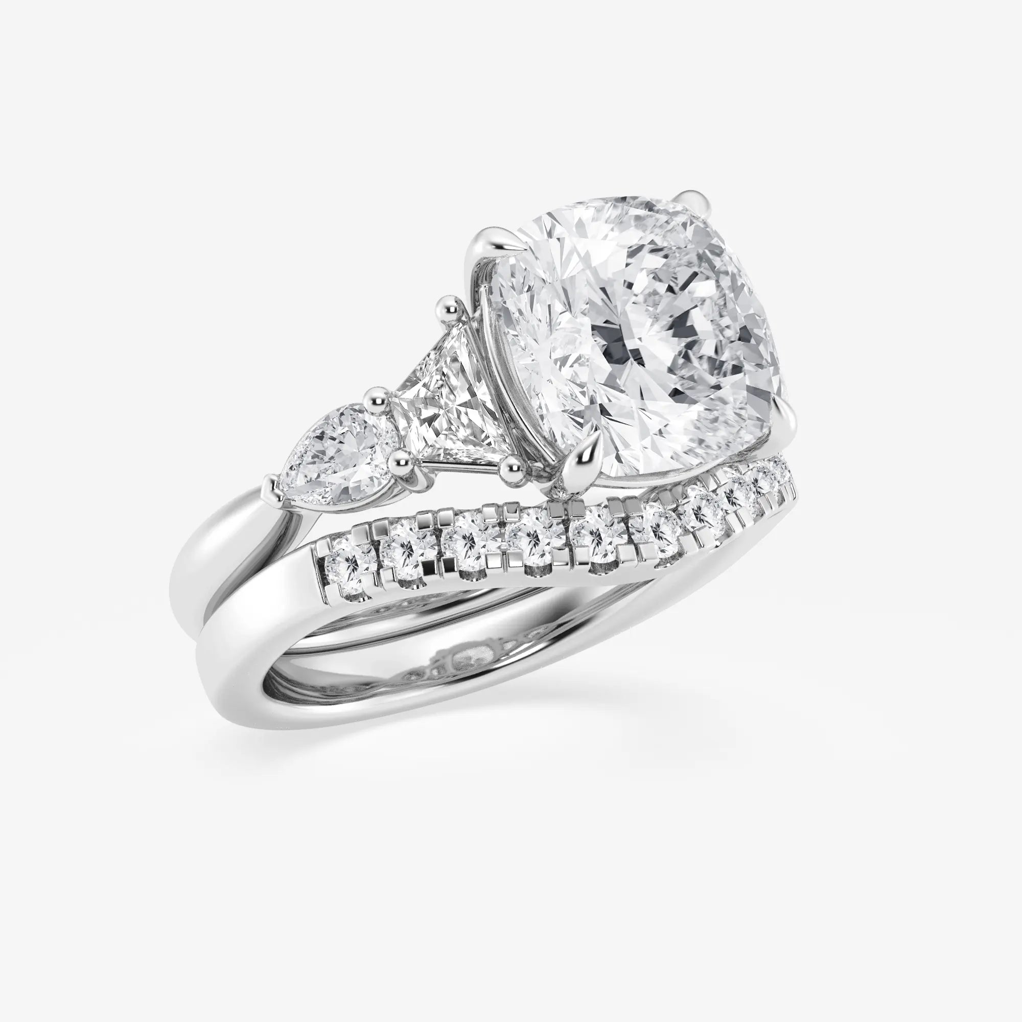 Cushion Lab Grown Diamond Trapezoid and Pear Side Stone Bridal Set