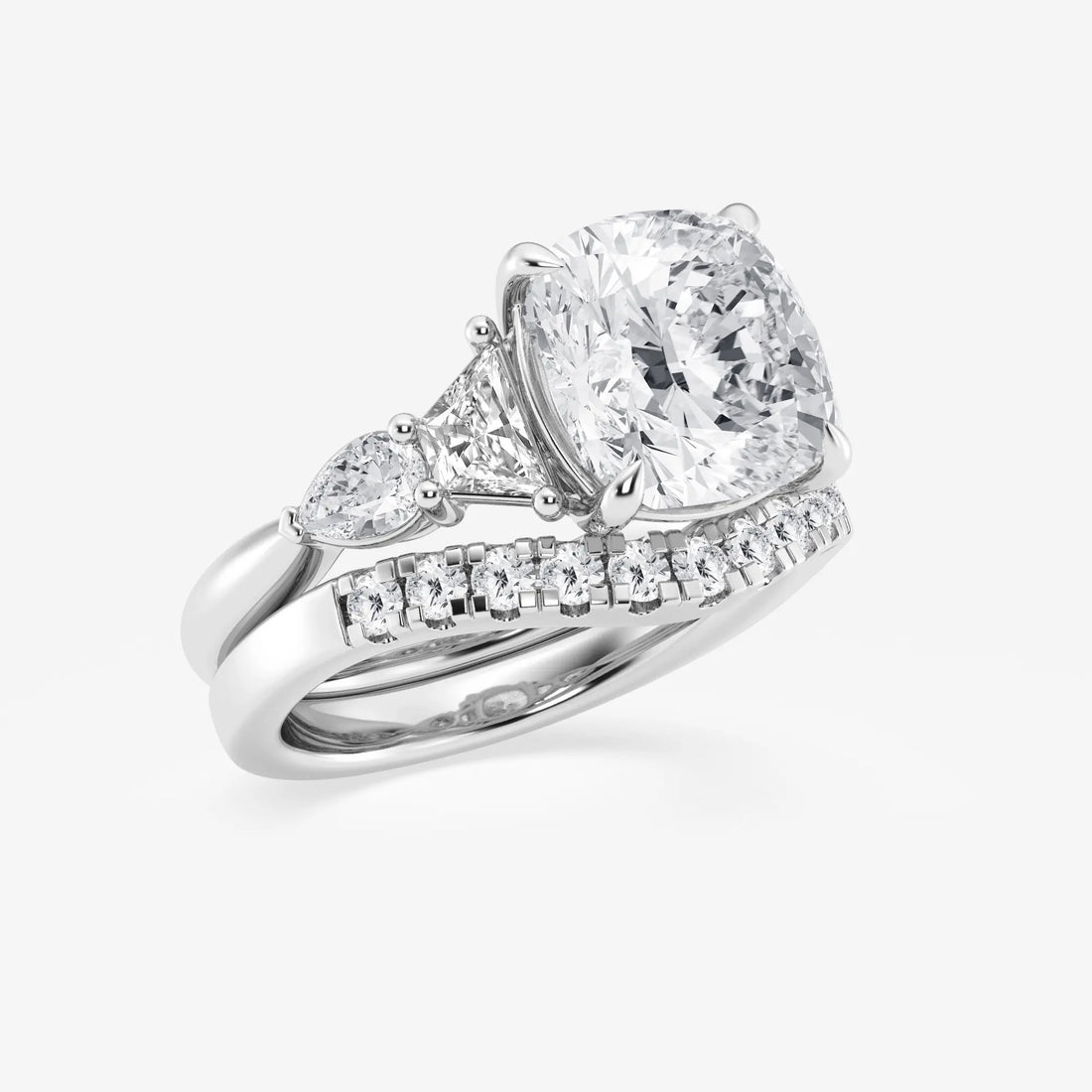 Cushion Lab Grown Diamond Trapezoid and Pear Side Stone Bridal Set