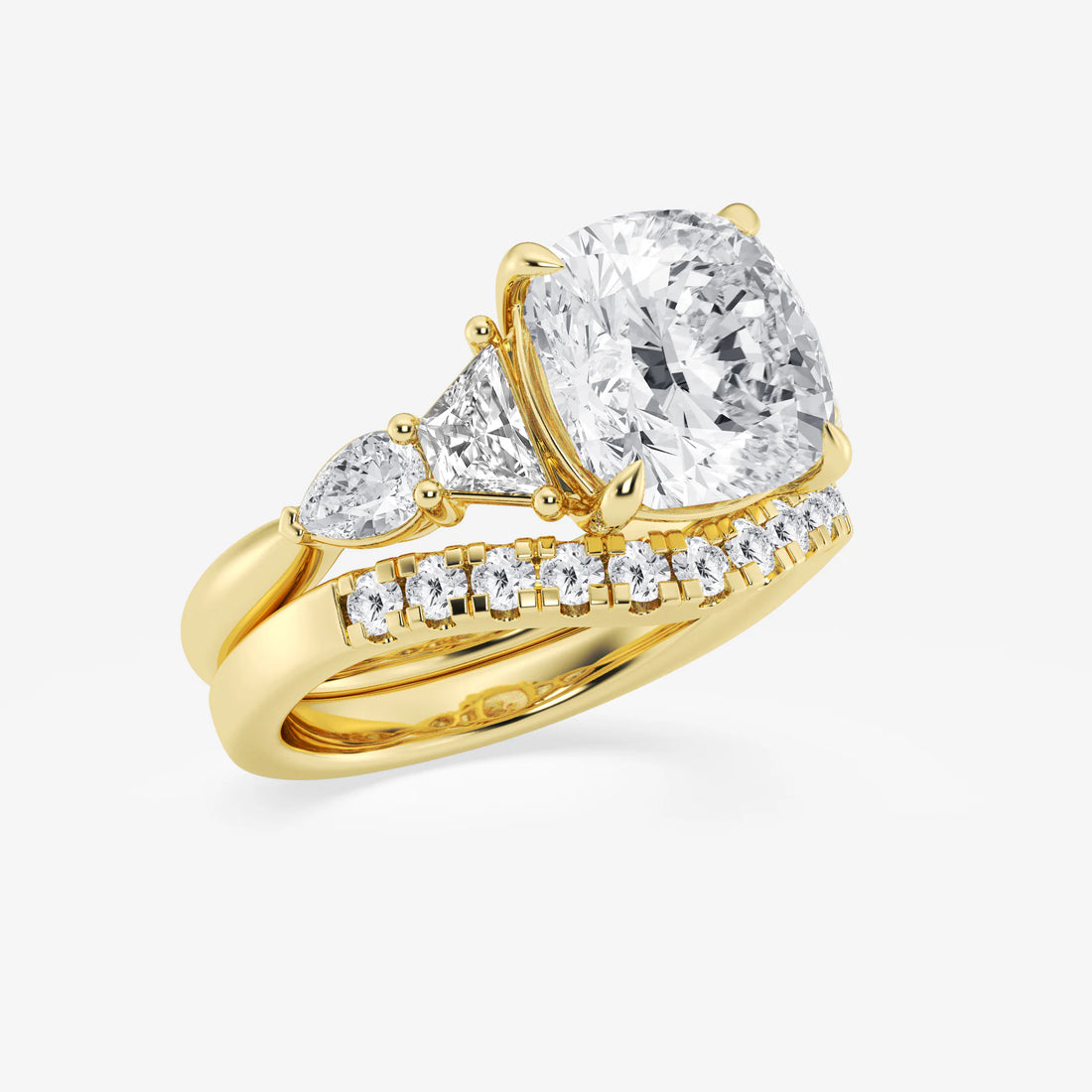 Cushion Lab Grown Diamond Trapezoid and Pear Side Stone Bridal Set
