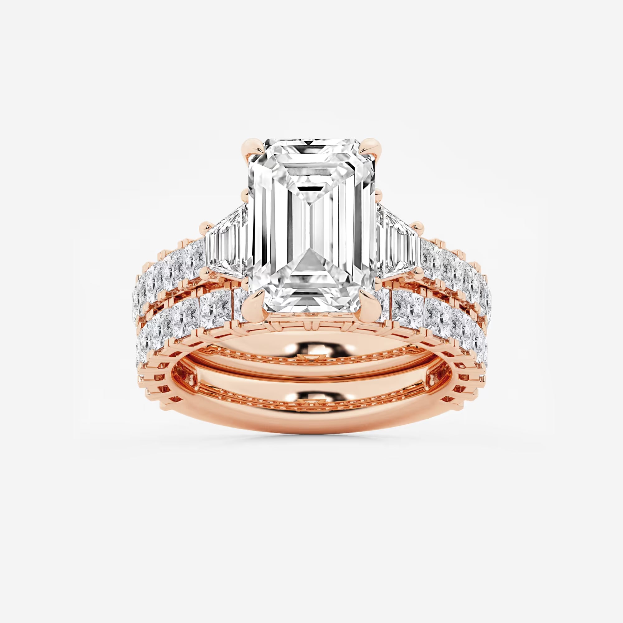 Emerald Cut Lab Diamond Bridal Set  Trapezoid Side Stones & Eternity Band