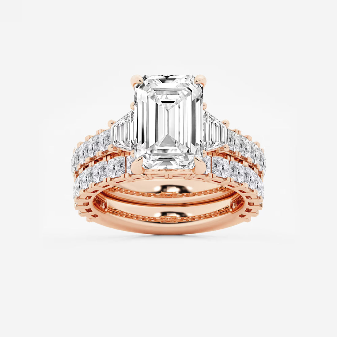 Emerald Cut Lab Diamond Bridal Set  Trapezoid Side Stones & Eternity Band