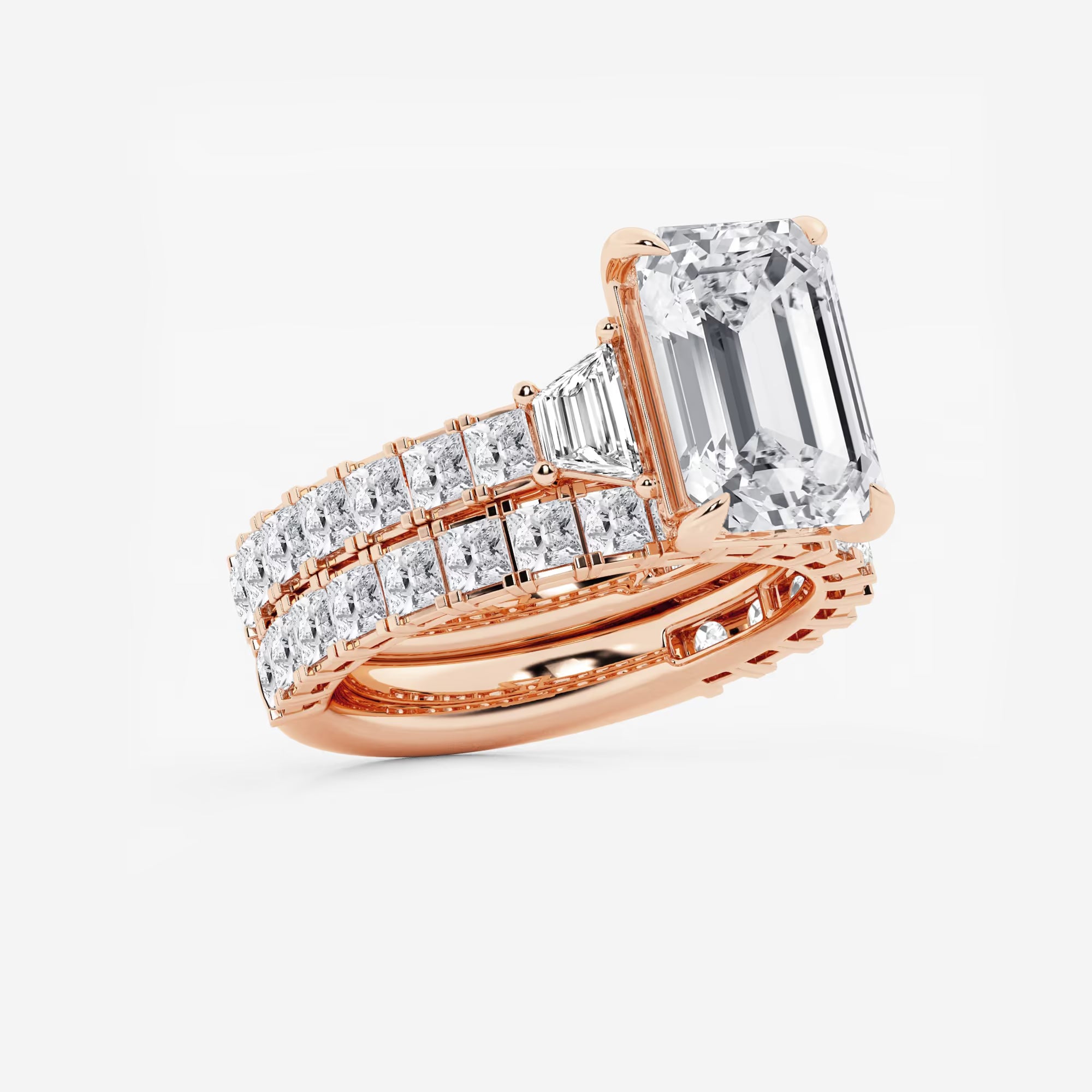 Emerald Cut Lab Diamond Bridal Set  Trapezoid Side Stones & Eternity Band