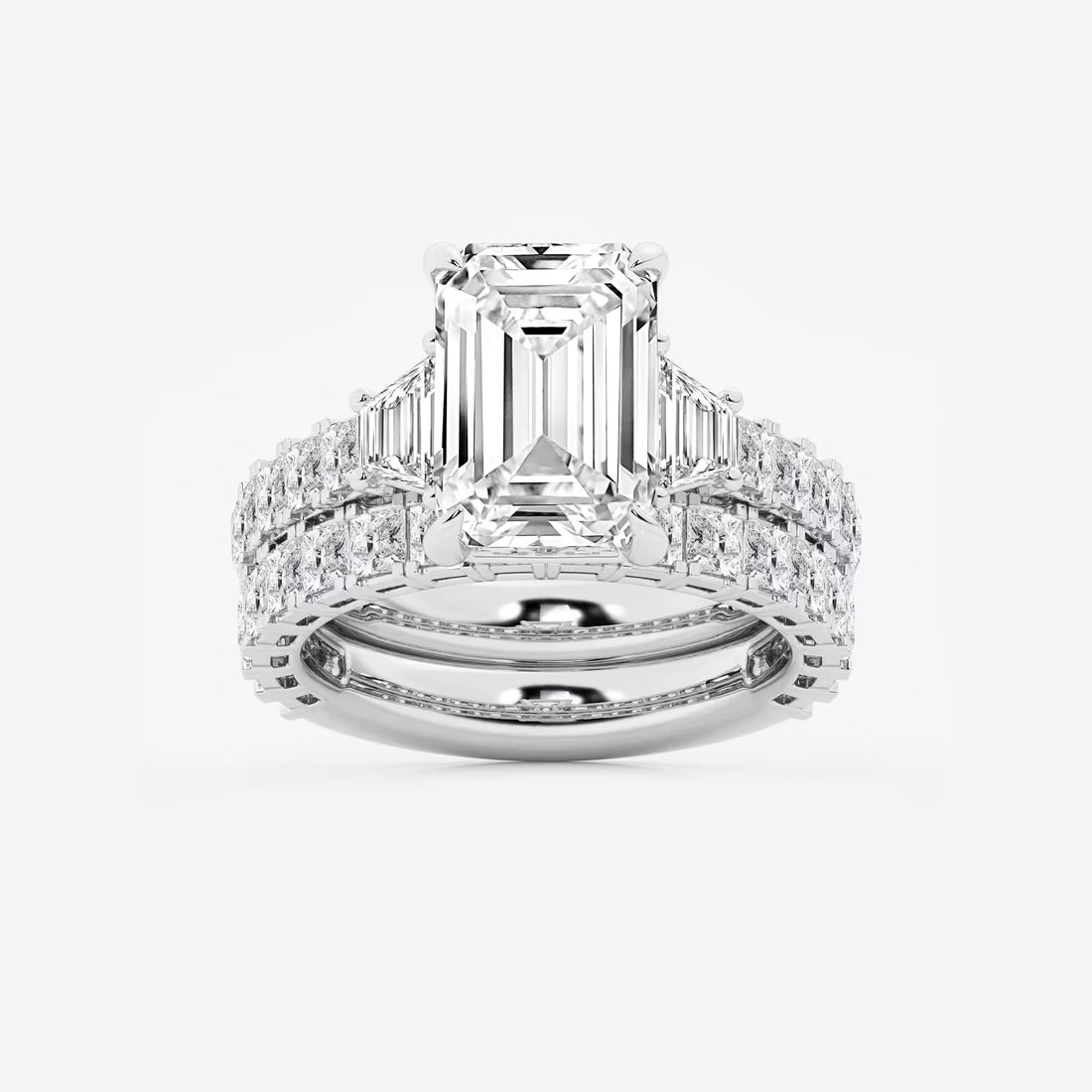 Emerald Cut Lab Diamond Bridal Set  Trapezoid Side Stones & Eternity Band