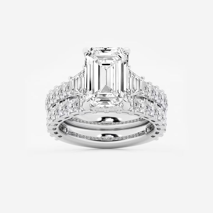 Emerald Cut Lab Diamond Bridal Set  Trapezoid Side Stones & Eternity Band