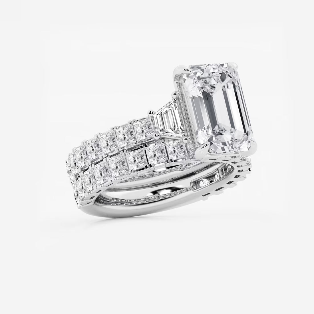 Emerald Cut Lab Diamond Bridal Set  Trapezoid Side Stones & Eternity Band