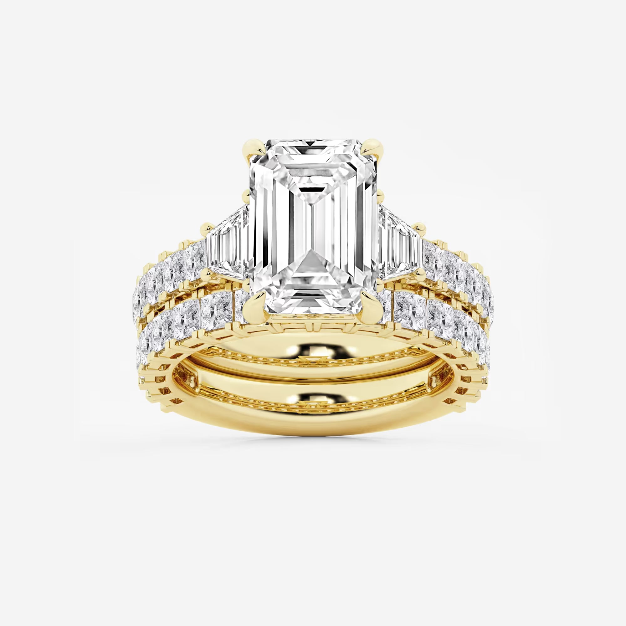 Emerald Cut Lab Diamond Bridal Set  Trapezoid Side Stones & Eternity Band