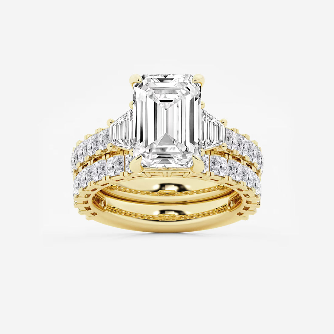 Emerald Cut Lab Diamond Bridal Set  Trapezoid Side Stones & Eternity Band