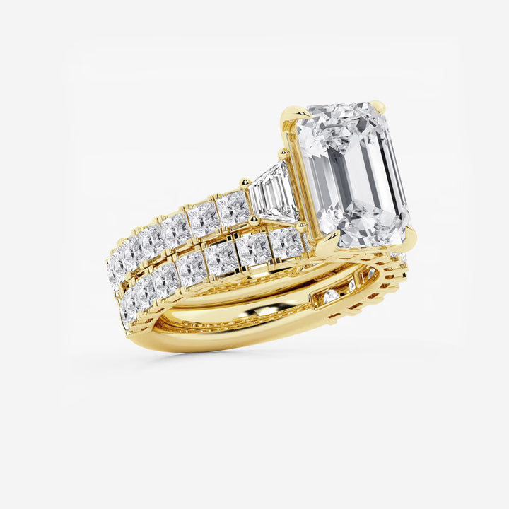 Emerald Cut Lab Diamond Bridal Set  Trapezoid Side Stones & Eternity Band