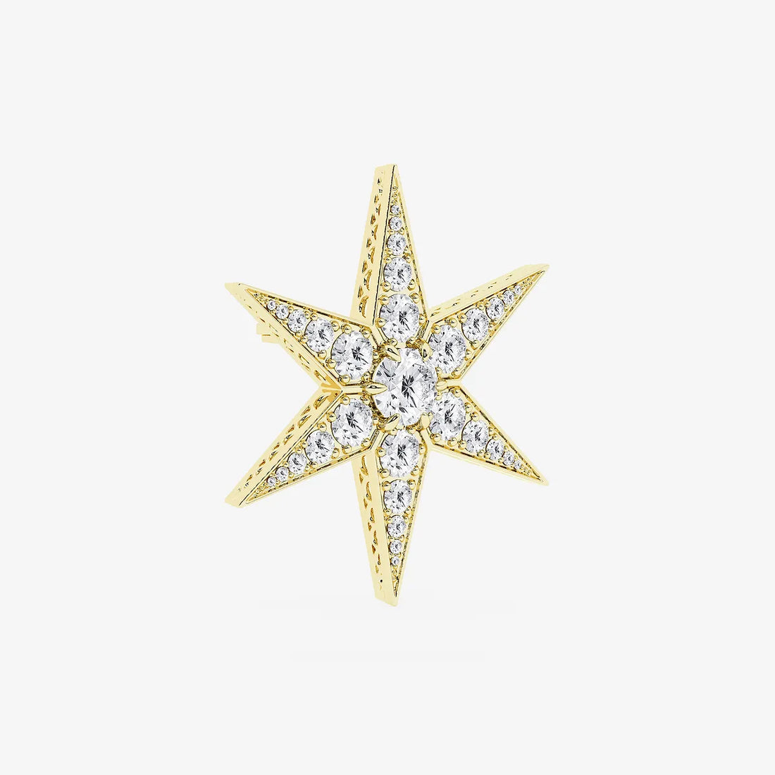 Celestial Round Lab Grown Diamond Star Pin Brooch in Solid Gold