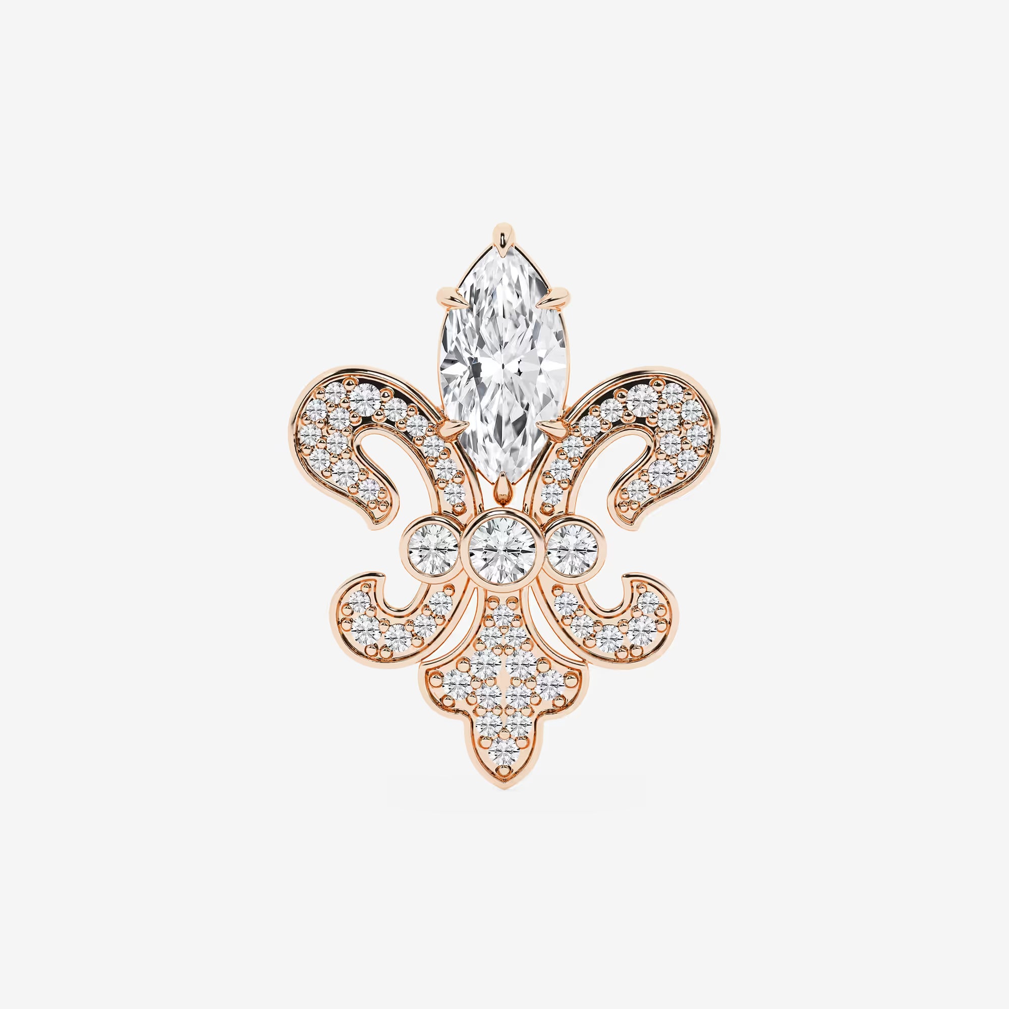 Royal Marquise Cut Lab Grown Diamond Fleur De Lis Pin Brooch in Solid Gold