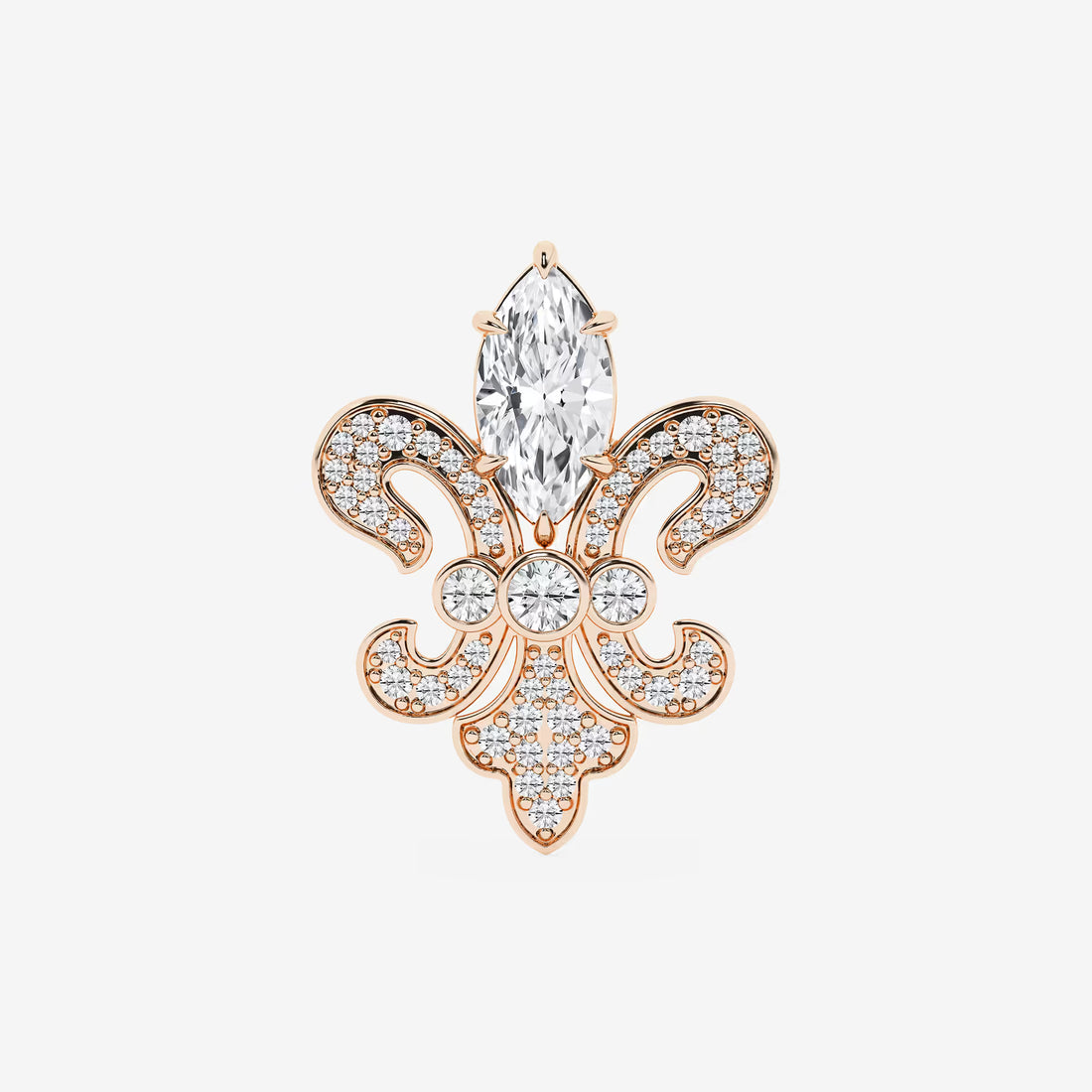 Royal Marquise Cut Lab Grown Diamond Fleur De Lis Pin Brooch in Solid Gold