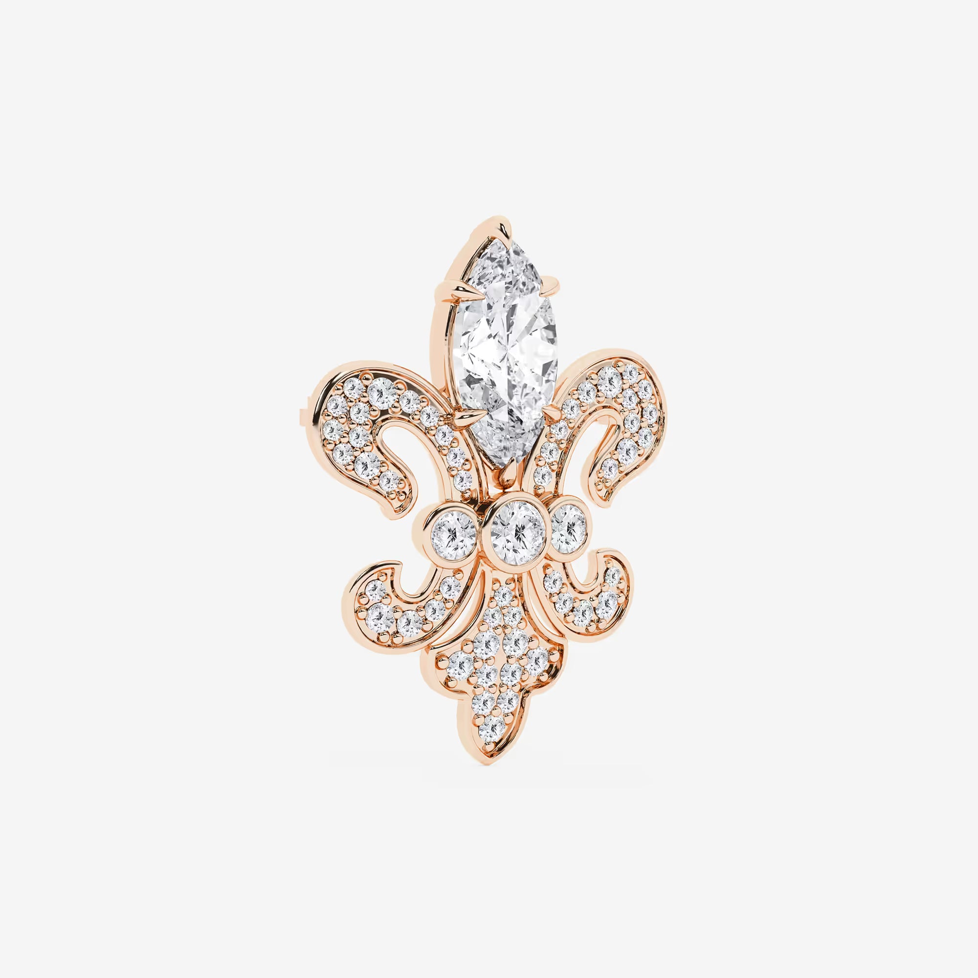 Royal Marquise Cut Lab Grown Diamond Fleur De Lis Pin Brooch in Solid Gold