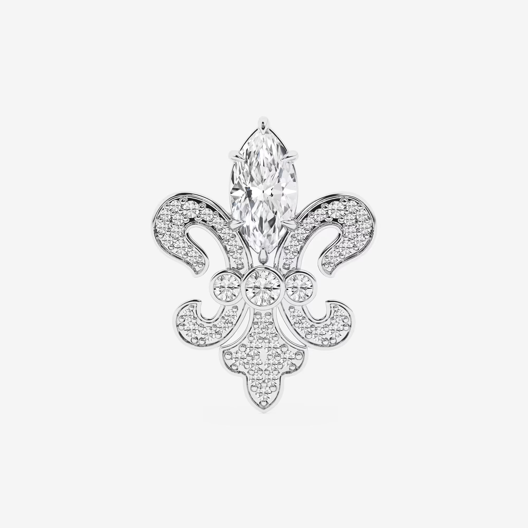 Royal Marquise Cut Lab Grown Diamond Fleur De Lis Pin Brooch in Solid Gold
