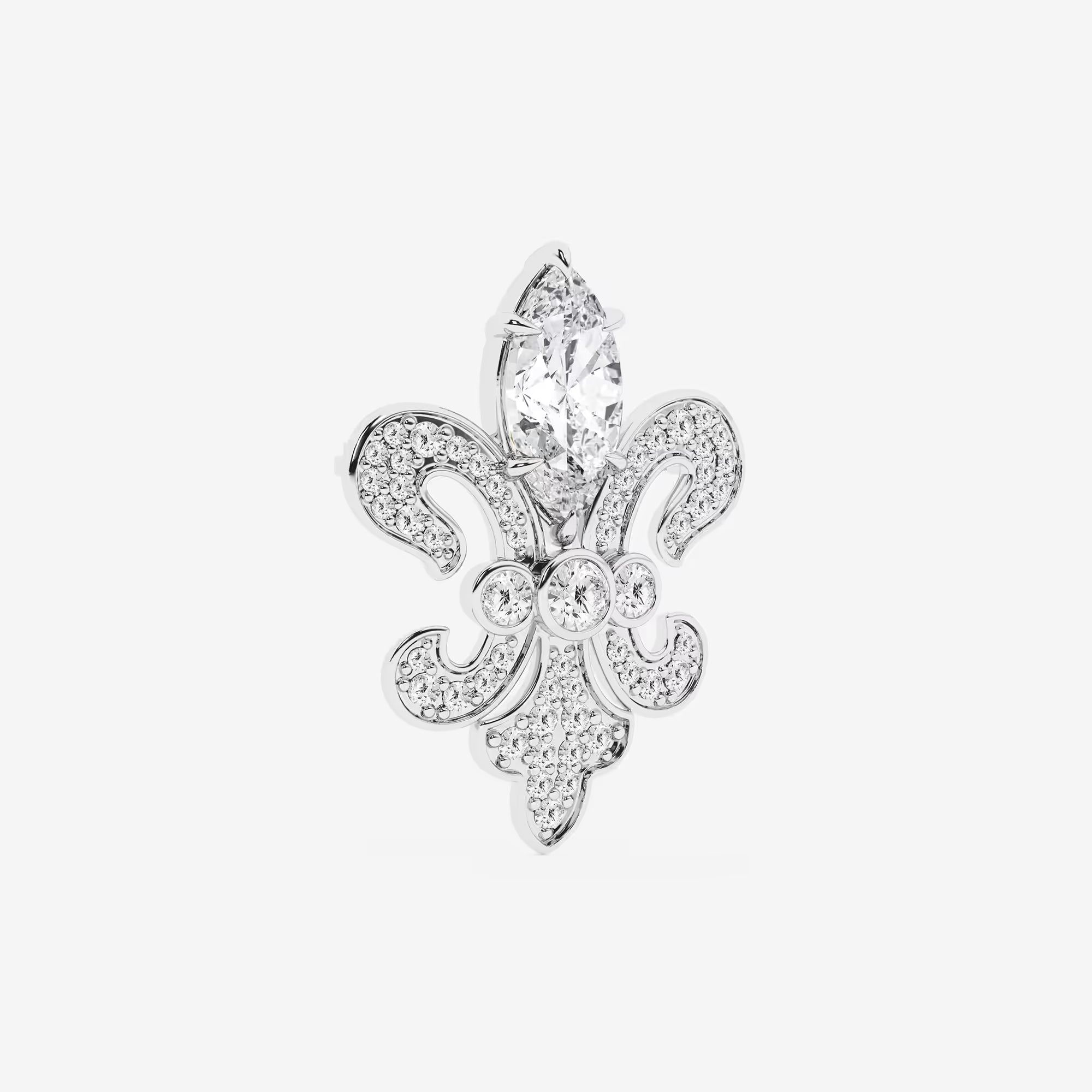 Royal Marquise Cut Lab Grown Diamond Fleur De Lis Pin Brooch in Solid Gold