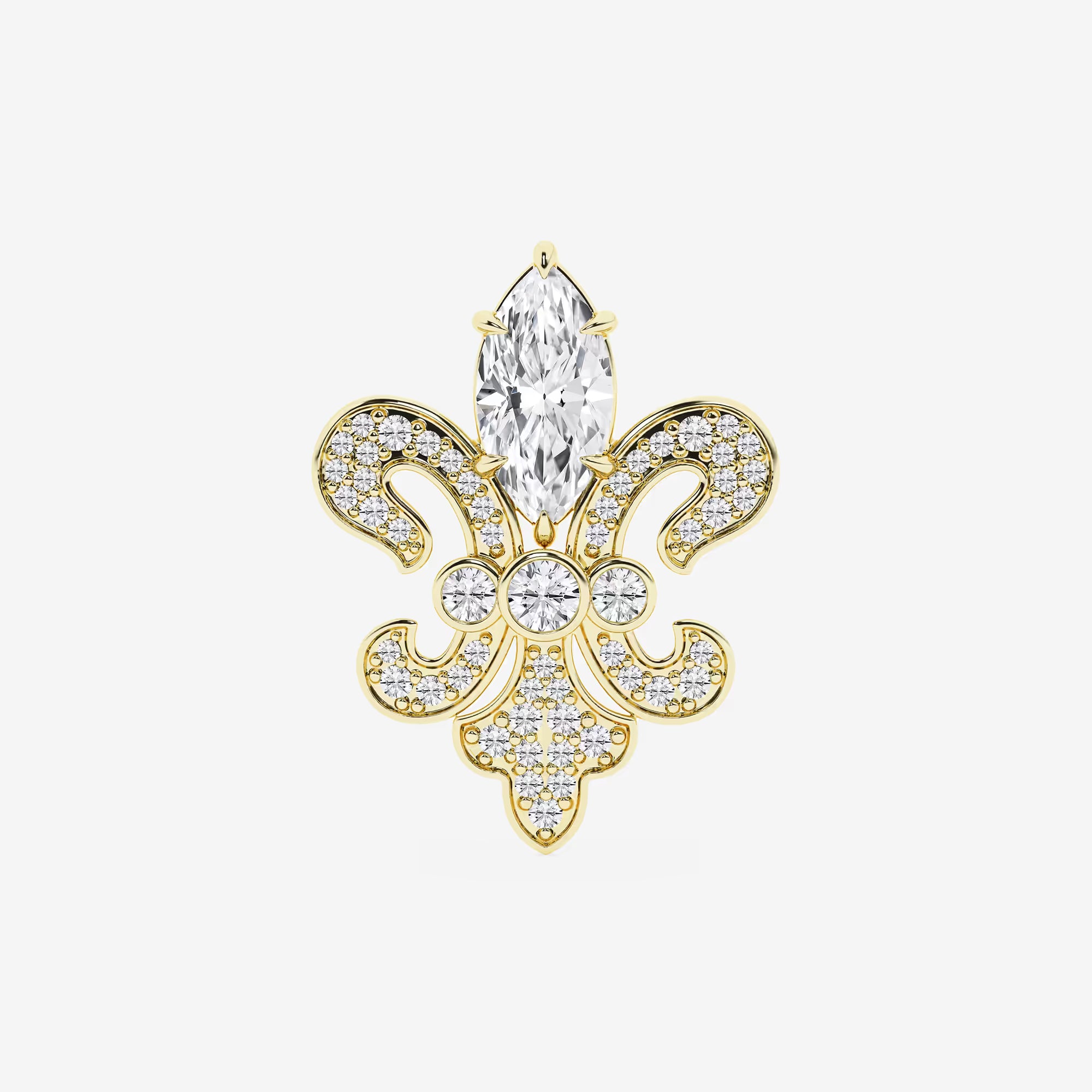 Royal Marquise Cut Lab Grown Diamond Fleur De Lis Pin Brooch in Solid Gold
