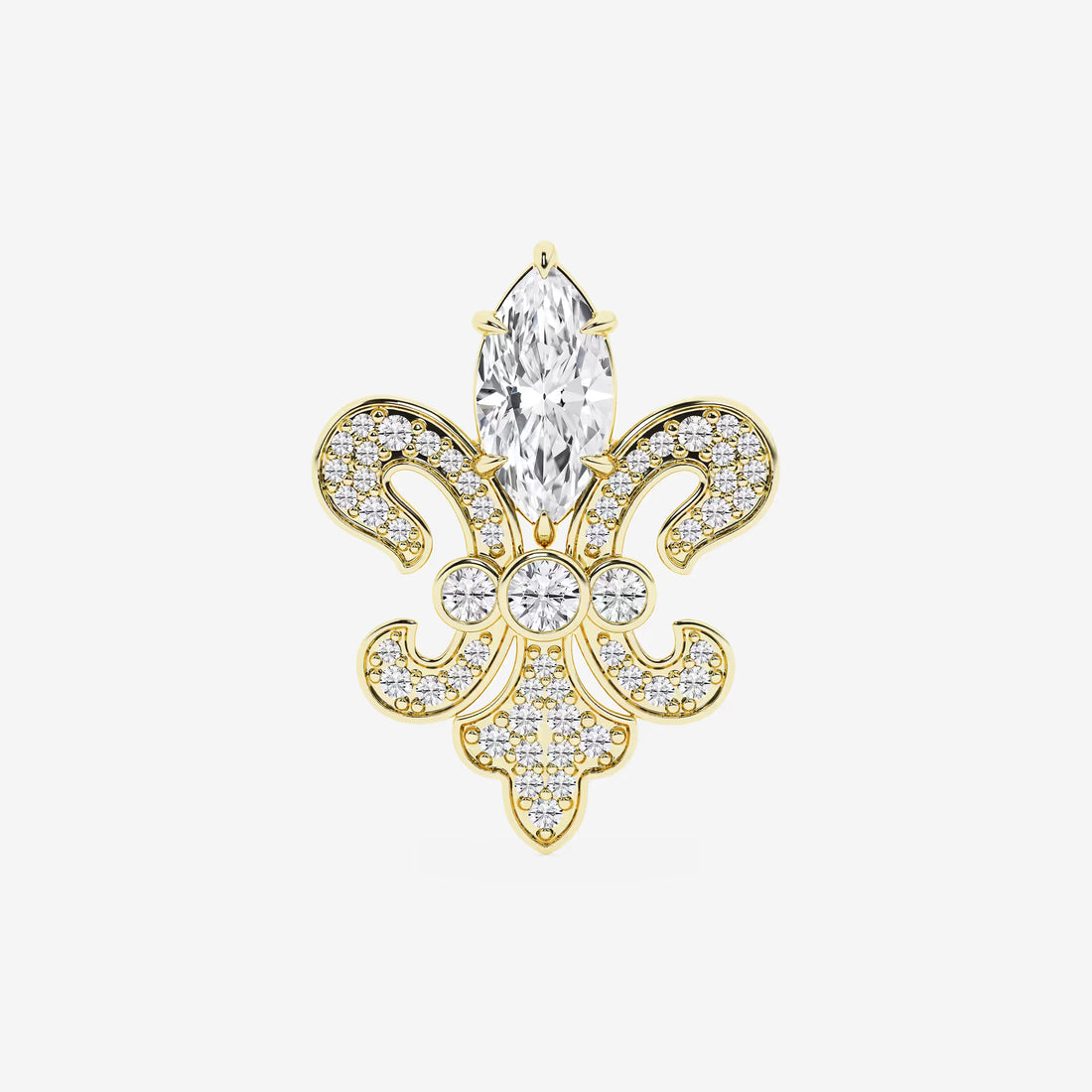 Royal Marquise Cut Lab Grown Diamond Fleur De Lis Pin Brooch in Solid Gold