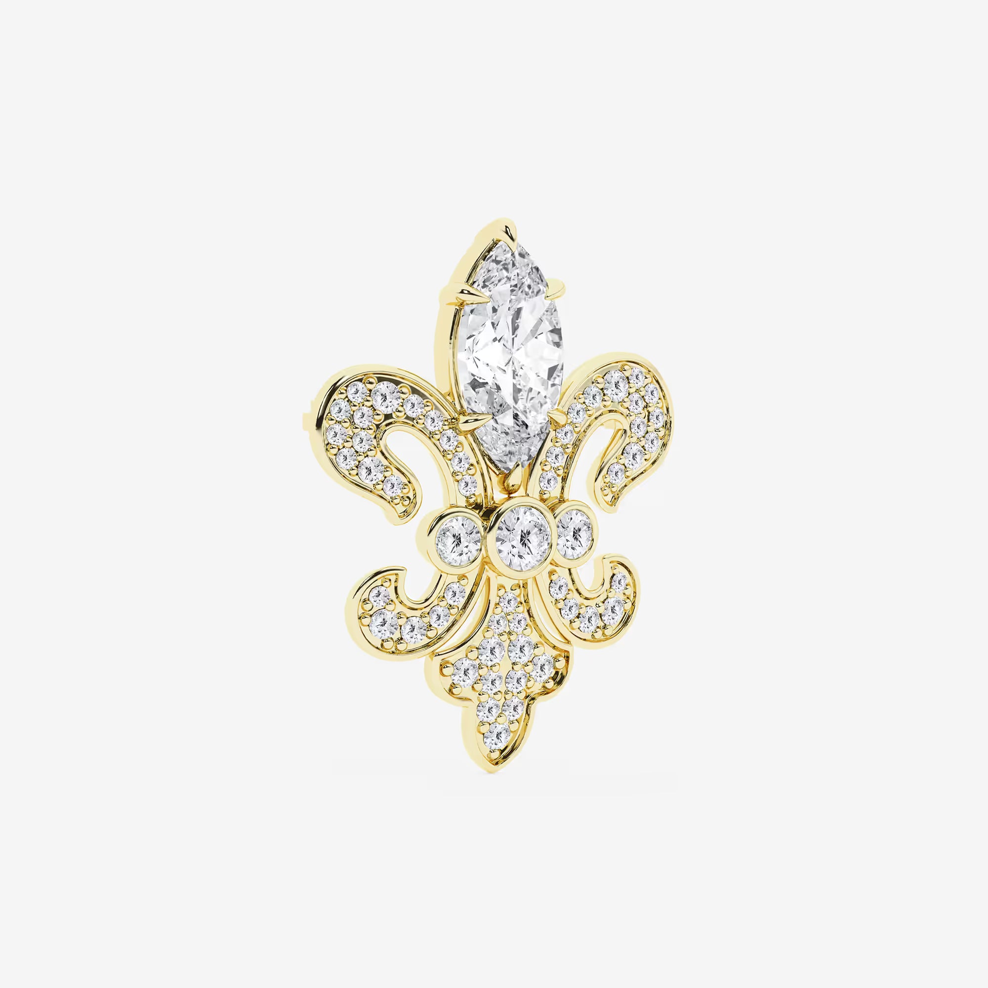 Royal Marquise Cut Lab Grown Diamond Fleur De Lis Pin Brooch in Solid Gold