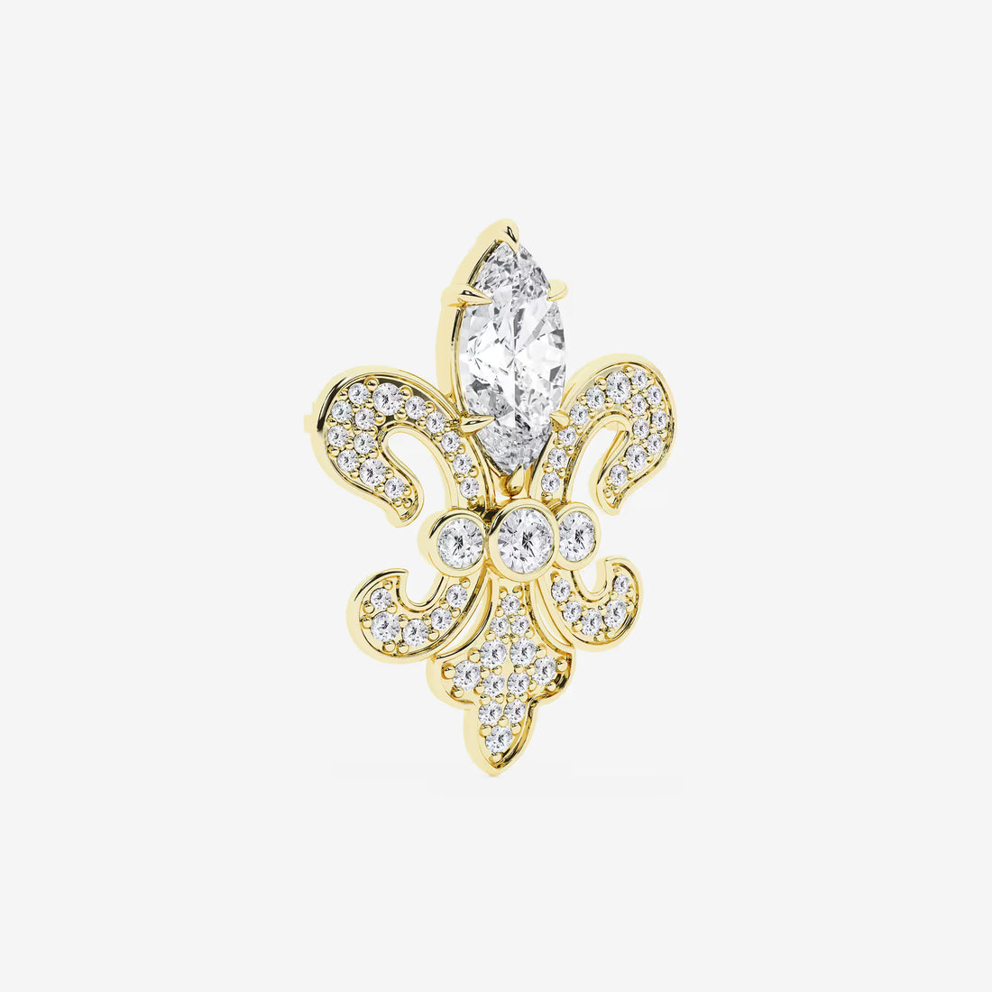 Royal Marquise Cut Lab Grown Diamond Fleur De Lis Pin Brooch in Solid Gold