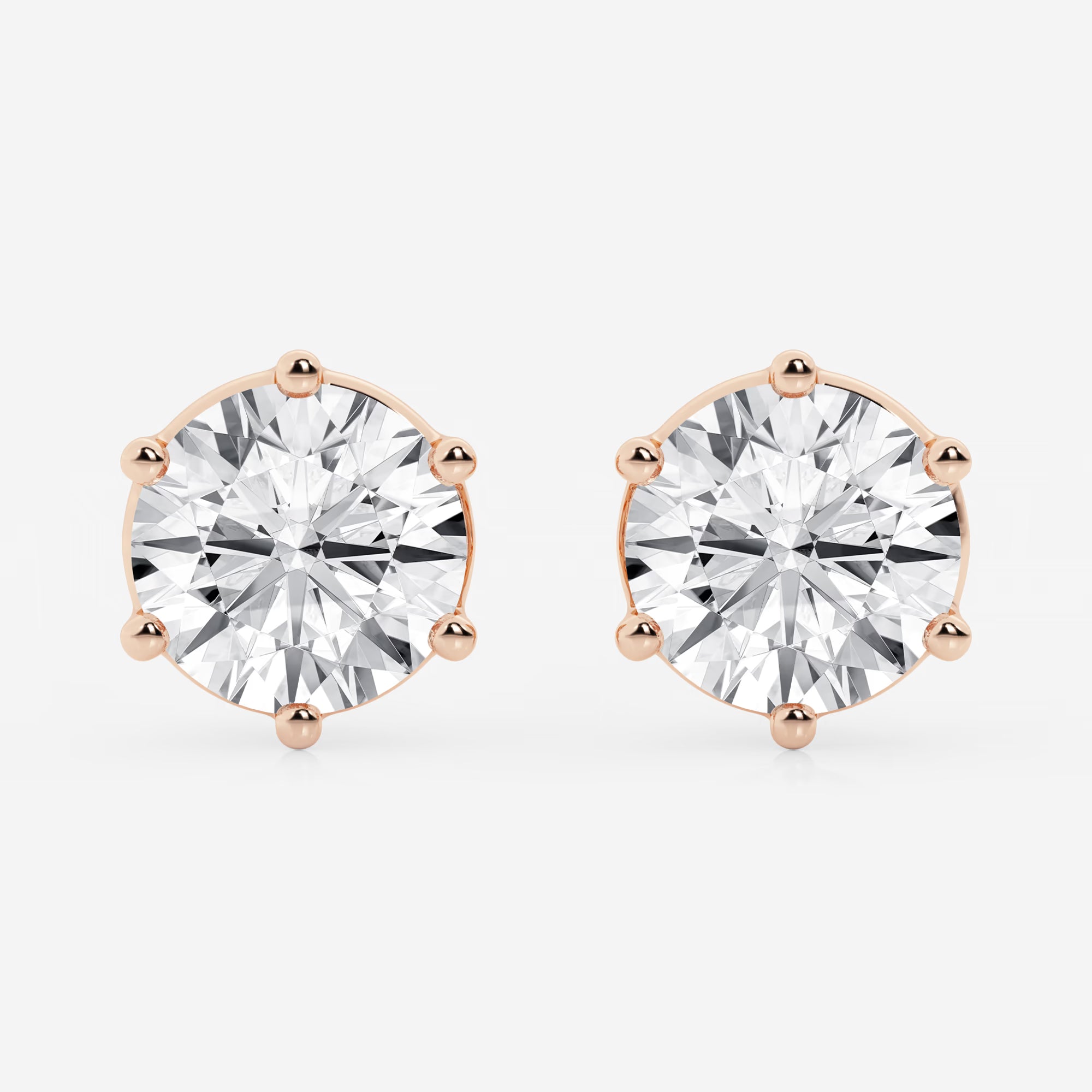 Round Colorless Lab Grown Diamond Six Prong Basket Stud Earrings in Solid Gold