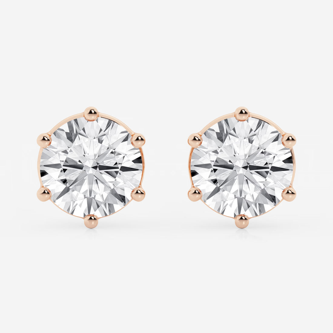 Round Colorless Lab Grown Diamond Six Prong Basket Stud Earrings in Solid Gold